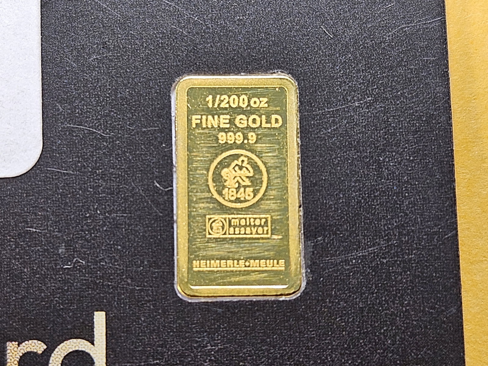 GOLD! .999 Fine Gold Bar in Certified Assay Card: Heimerle and Meule Precious Metals