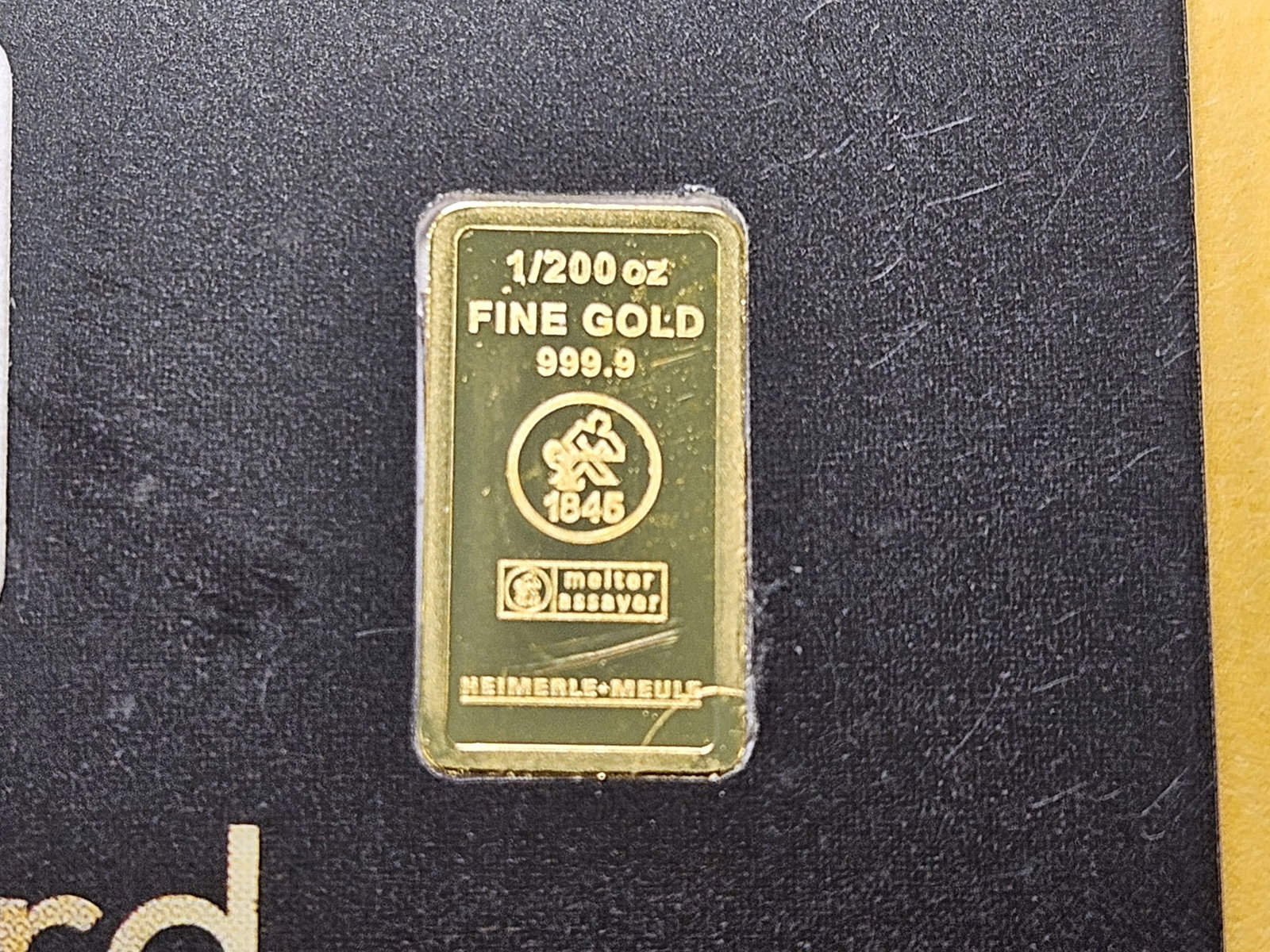 GOLD! .999 Fine Gold Bar in Certified Assay Card: Heimerle and Meule Precious Metals