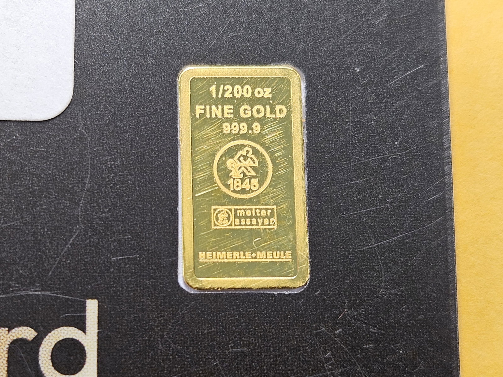 GOLD! .999 Fine Gold Bar in Certified Assay Card: Heimerle and Meule Precious Metals