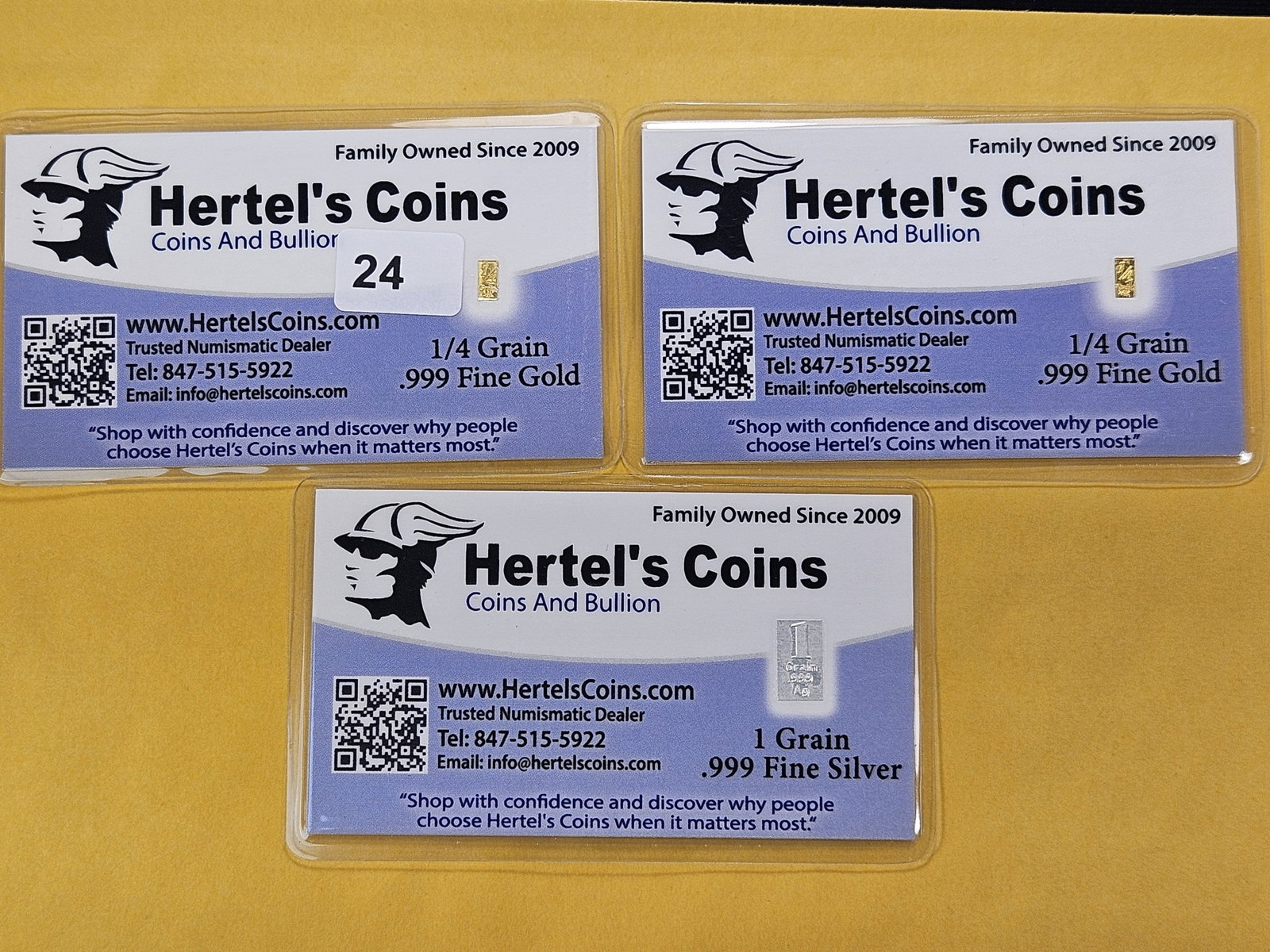 GOLD and SILVER! Three .999 Fine Bars: Two Gold Bars and one Silver Bar, from Hertel's Coins