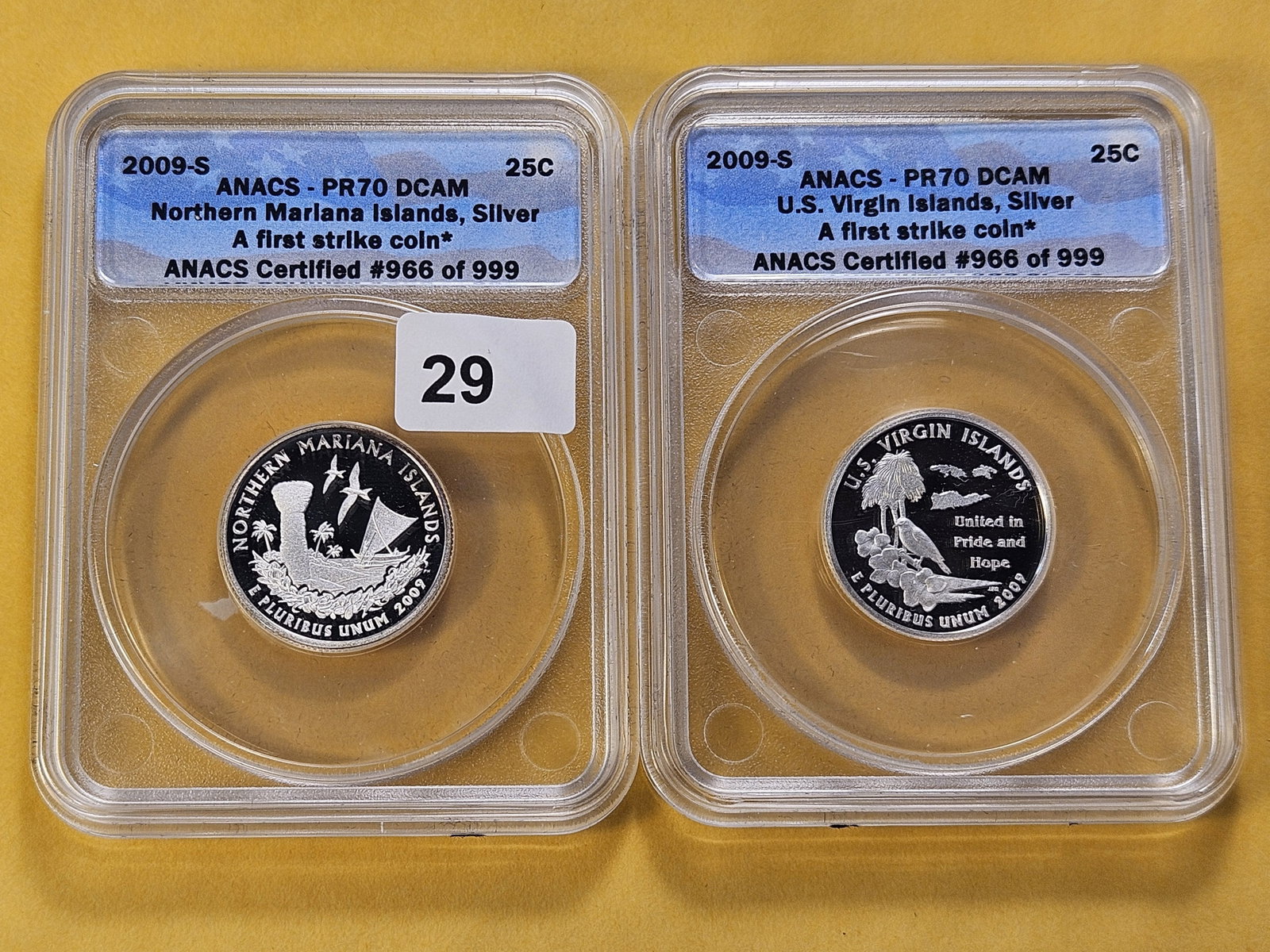 PERFECT! Two ANACS 2009-S Washington Silver Quarters in Proof 70 Deep Cameo: Perfect Grades! Virgin Islands and Northern Mariana Islands