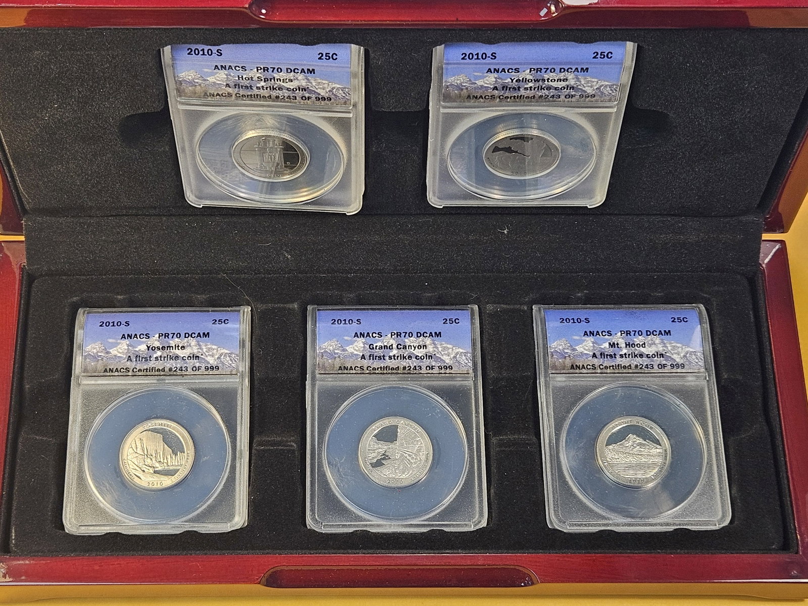 PERFECT! Five ANACS 2010-S Washington Quarters in Proof 70 Deep Cameo - 2