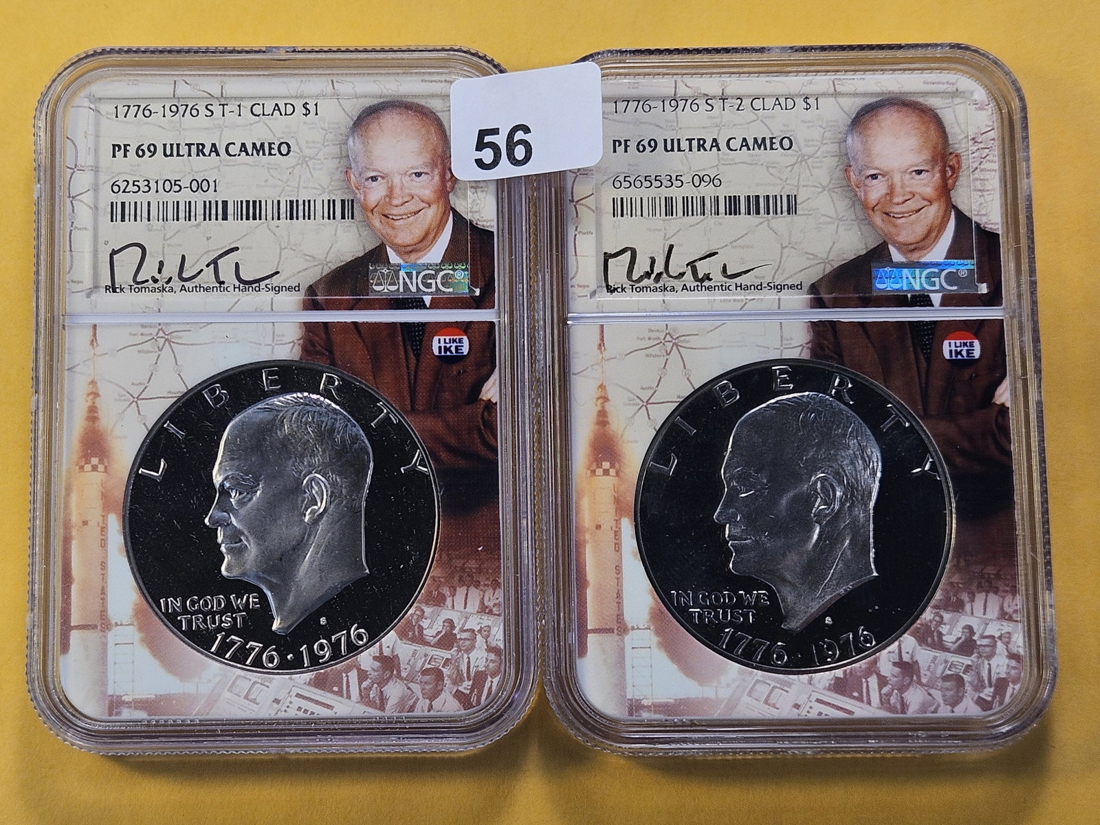 VARIETIES! Two NGC 1976-S Eisenhower Dollars in Proof 69 Ultra Cameo: Type 1 and Type 2! In Cool Eisenhower NGC Slabs