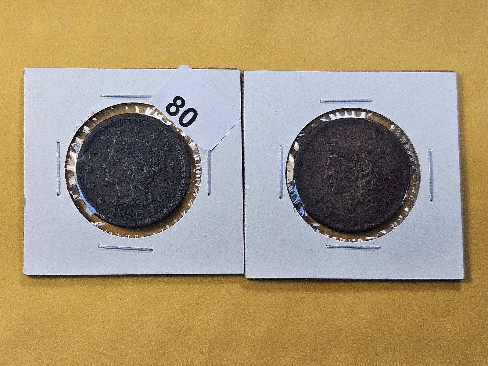 Two Circulated US Large Cents: 1838 Coronet Head and 1846 Braided Hair Large Cent