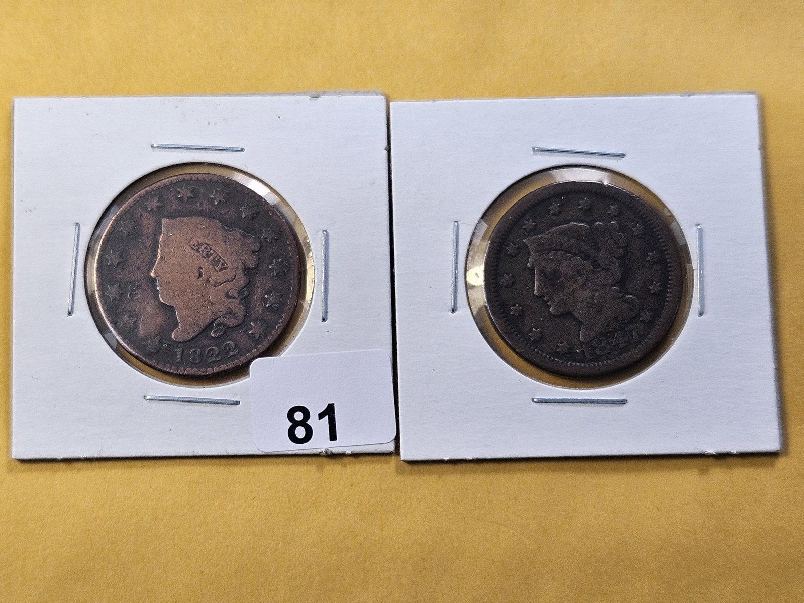 Two Circulated US Large Cents: 1822 Coronet Head and 1847 Braided Hair Large Cent