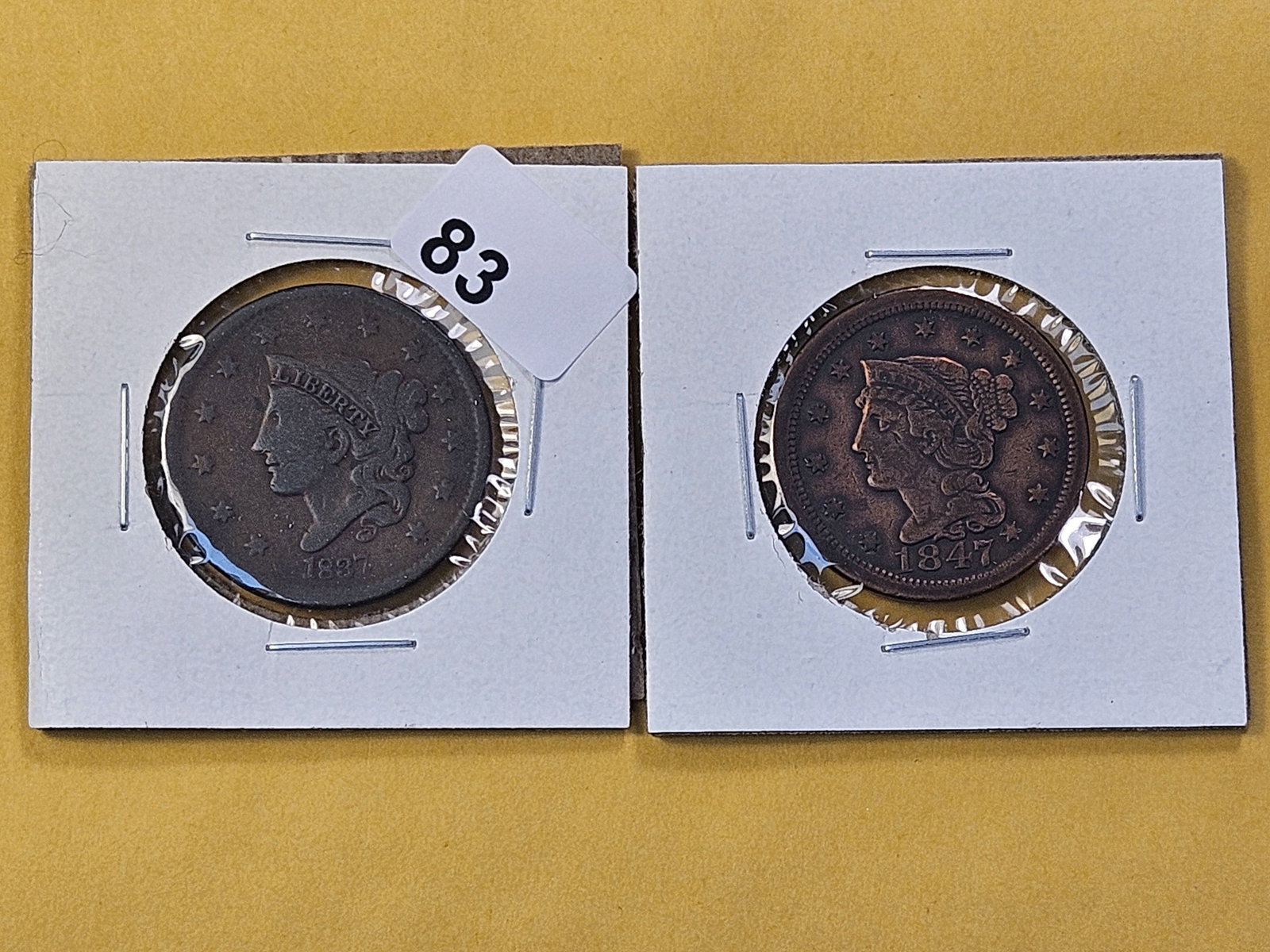 Two Circulated US Large Cents: 1837 Coronet Head and 1847 Braided Hair Large Cent