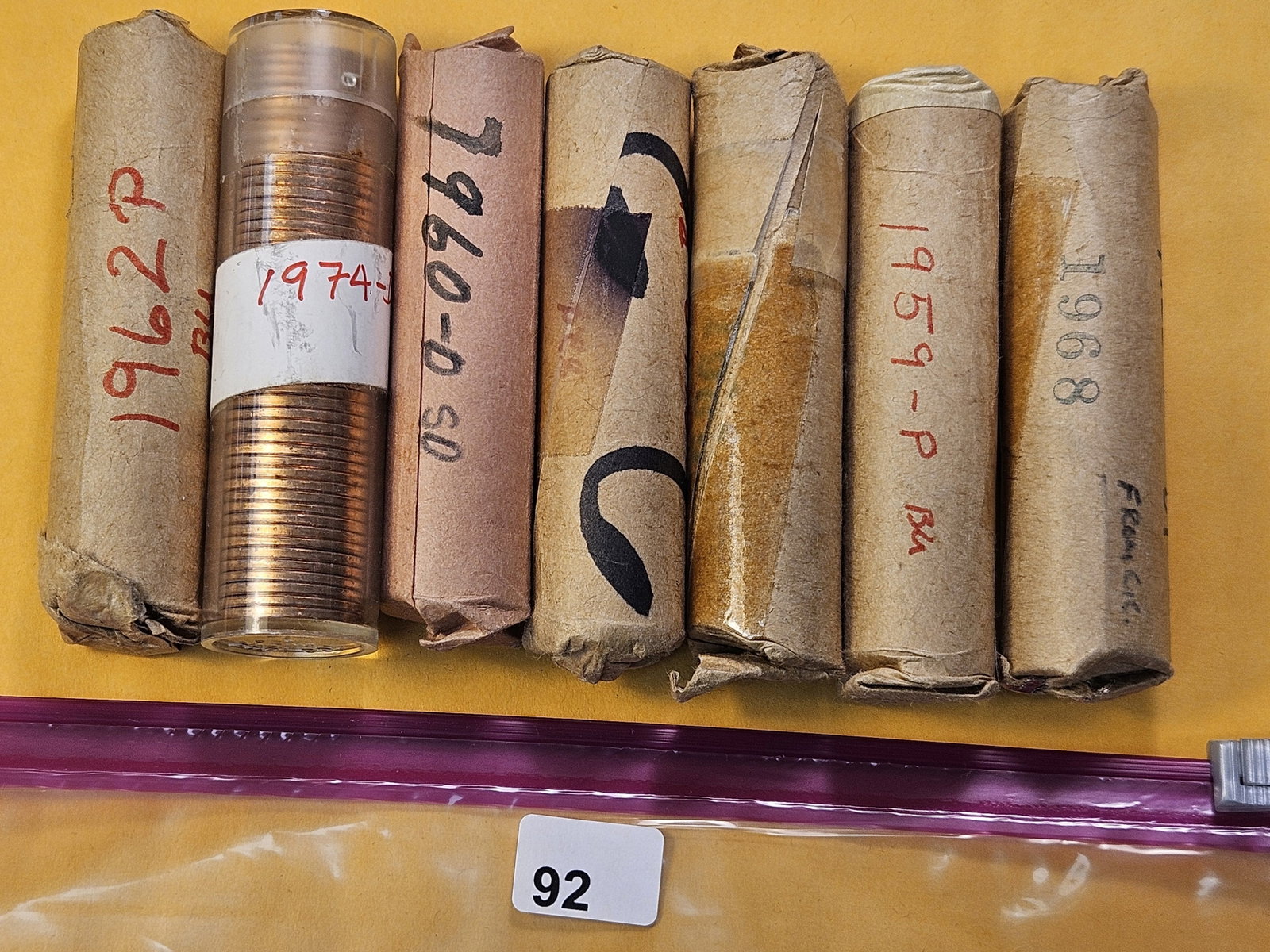Seven Brilliant Uncirculated Full Rolls Lincoln Memorial Cents: Mixed dates, all Memorials