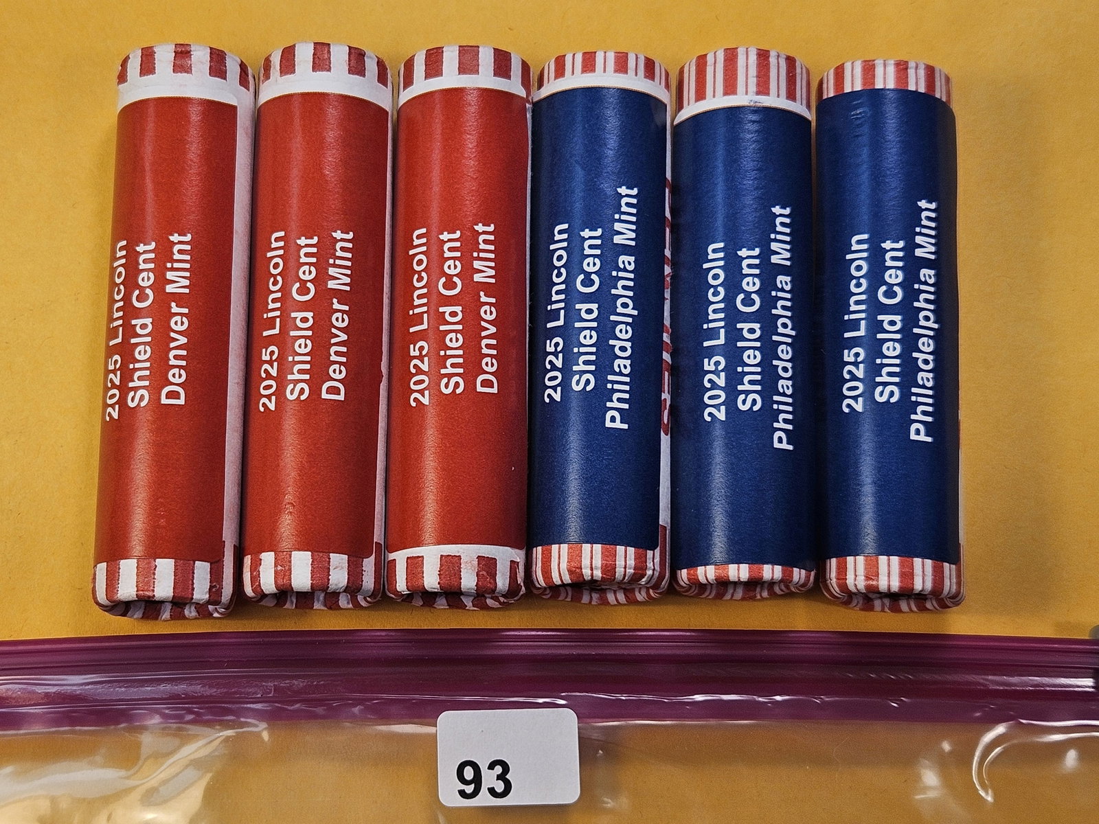 Six Bank Wrapped Rolls of 2025 Lincoln Shield Cents: Three Denver and three Philadelphia. Brilliant Uncirculated Full Rolls!