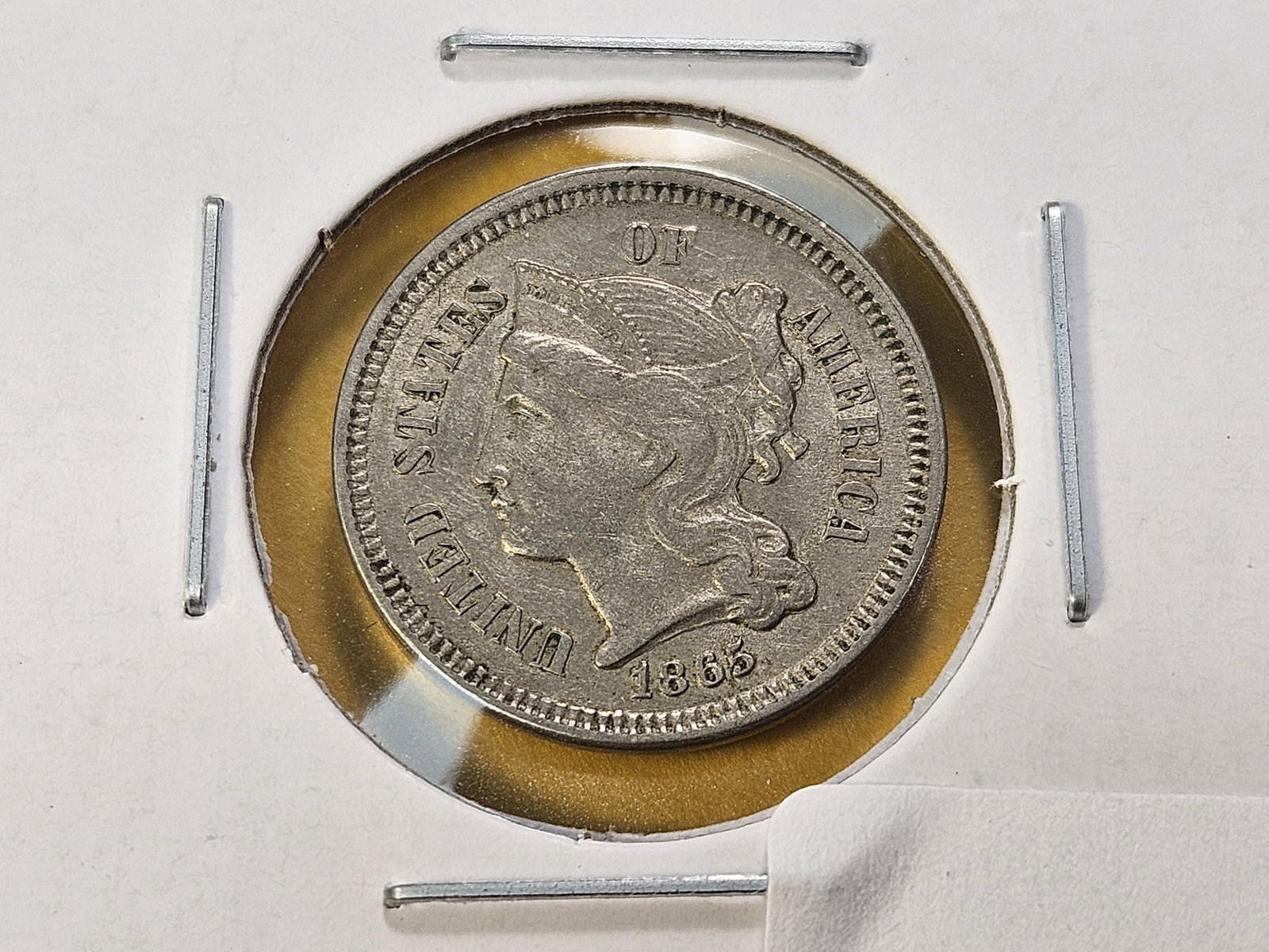 Better Grade 1865 Three Cent Nickel: About Uncirculated! Well Struck!