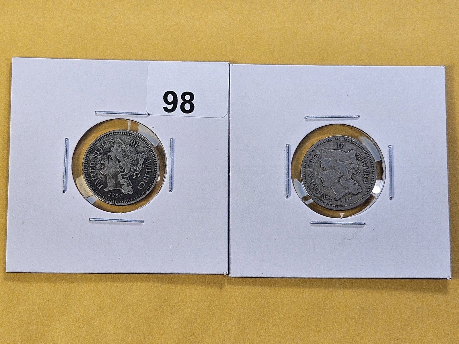 Two Circulated Three Cent Nickels: 1866 and 1868