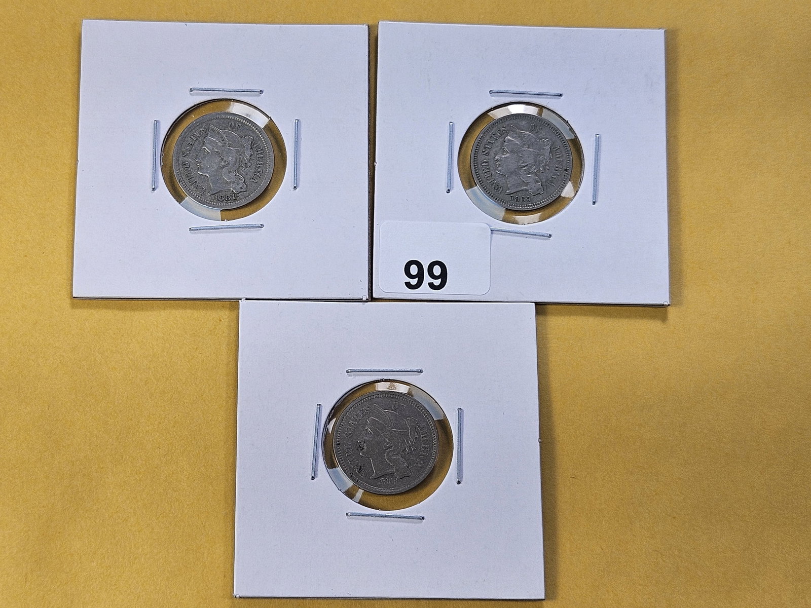 Three Circulated Three Cent Nickels: 1868, 1869 and 1881