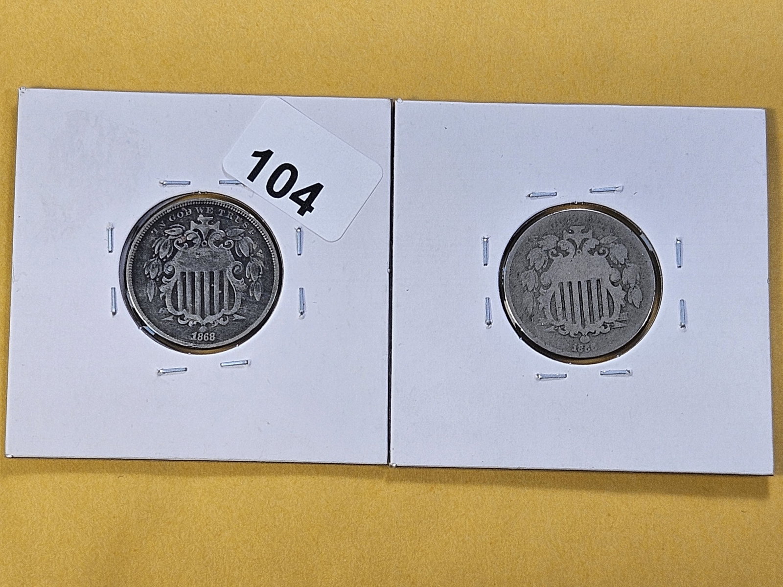 Two Circulated Five Cent Shield Nickels: 1866 and 1868