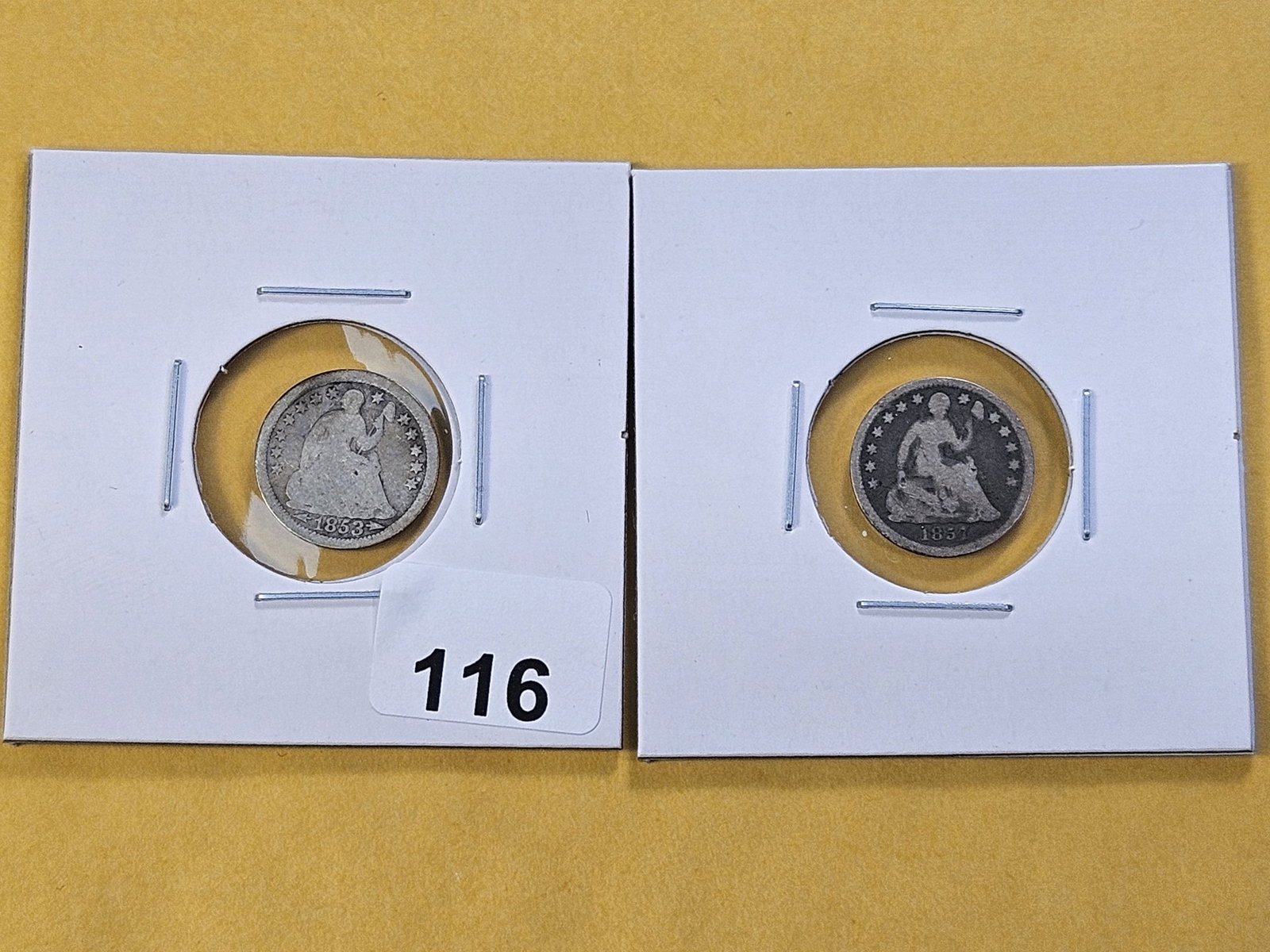 Two Circulated Seated Liberty Silver Half Dimes: 1853 Arrows and 1857