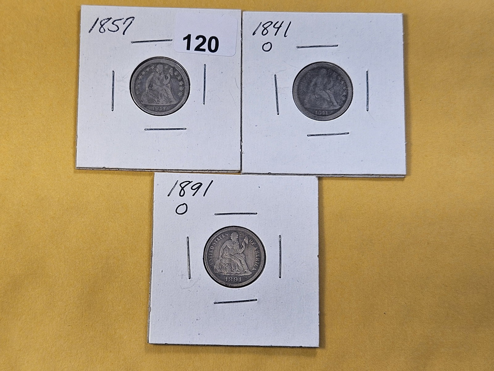 Three Circulated Seated Liberty Silver Dimes: 1841-O, 1857 and 1891-O