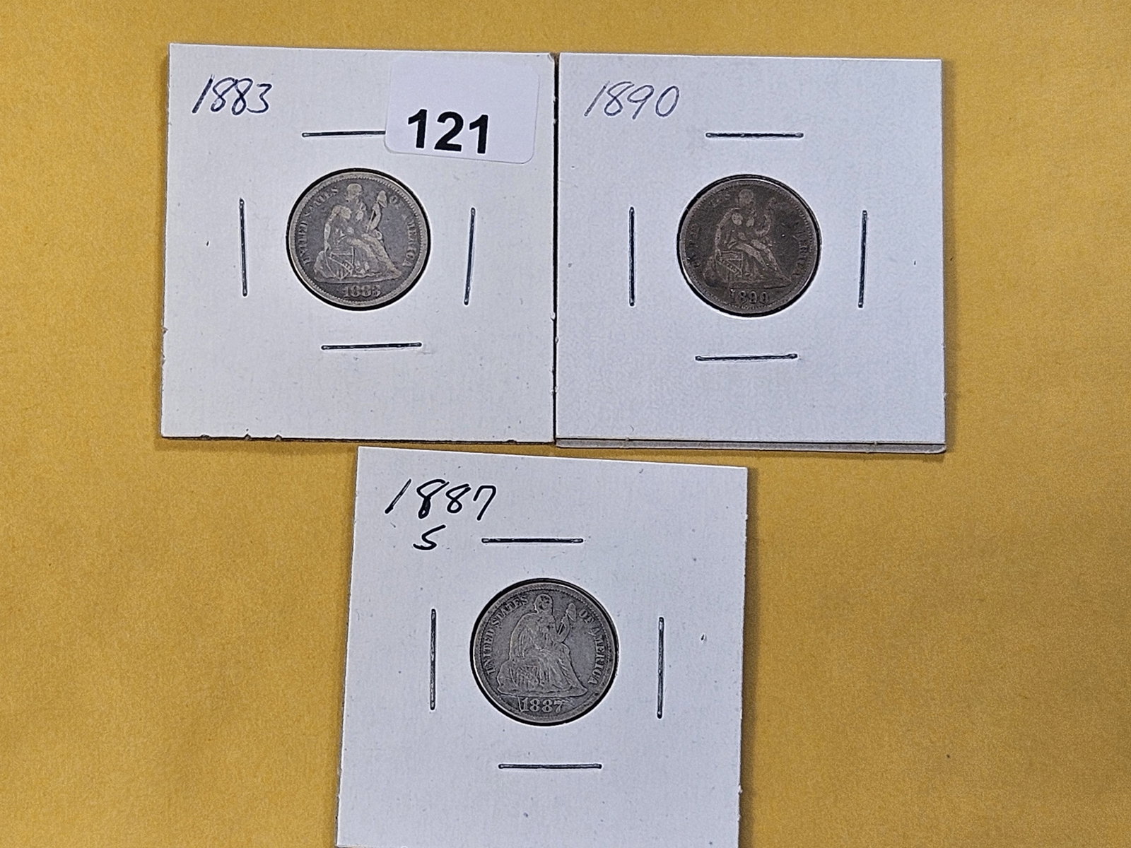Three Circulated Seated Liberty Silver Dimes: 1883 1887-S and 1890
