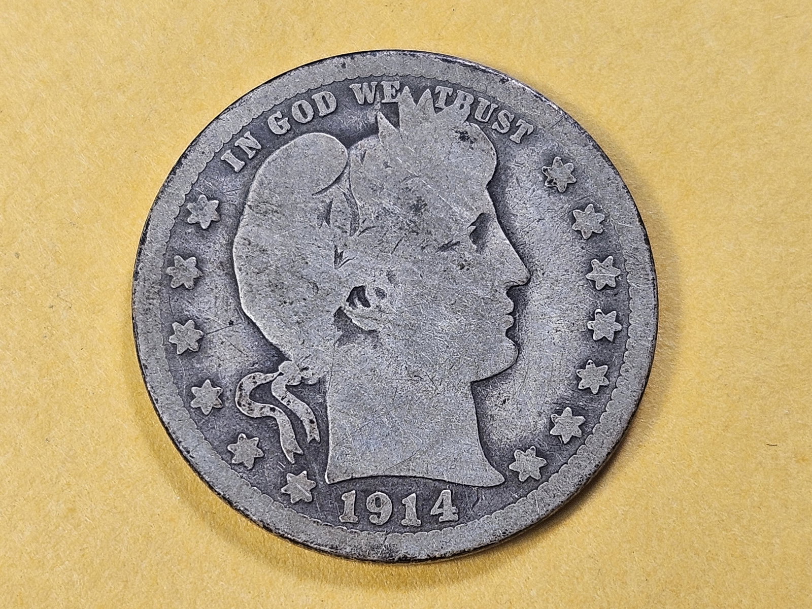 Better Date 1914-S Barber Silver Quarter: In Good