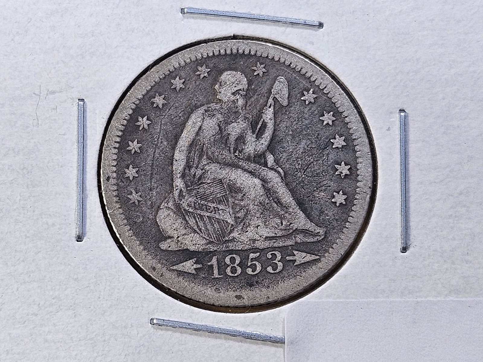 1853 Arrows and Rays Seated Liberty Silver Quarter: Circulated