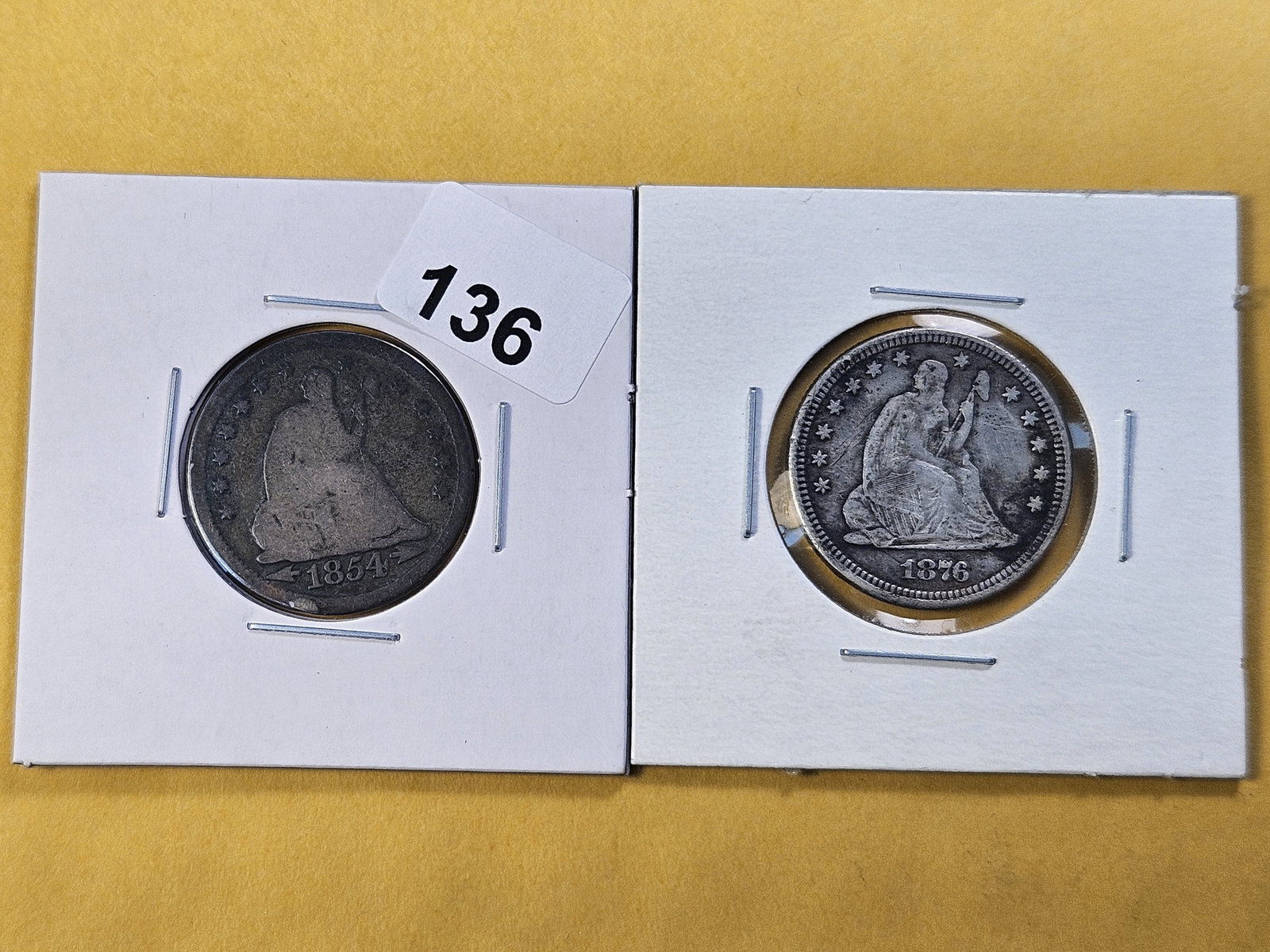 Two Circulated Seated Liberty Silver Quarters: 1854 Arrows and 1876