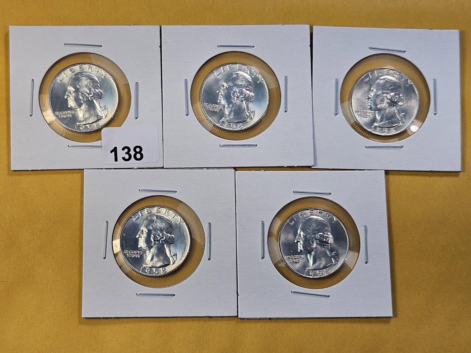 Five Brilliant Uncirculated 1958-D Washington Silver Quarters: Very Choice to GEM Brilliant Uncirculated!