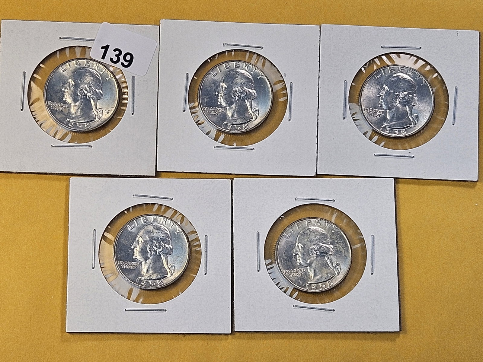 Five Brilliant Uncirculated 1958-D Washington Silver Quarters: Very Choice to GEM Brilliant Uncirculated!