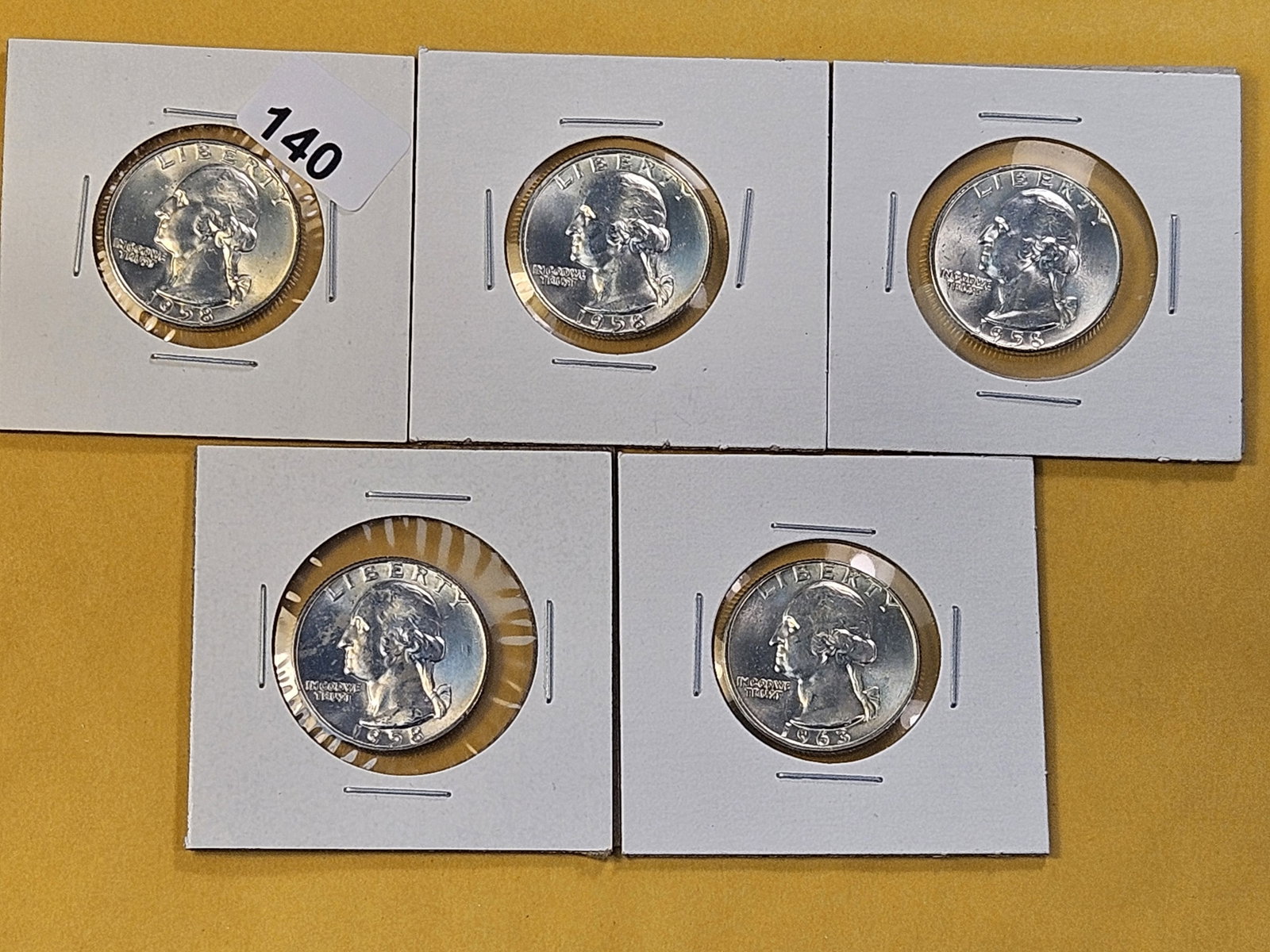 Five Brilliant Uncirculated Washington Silver Quarters: Four 1958-D and a 1963-D. Very Choice to GEM Brilliant Uncirculated!