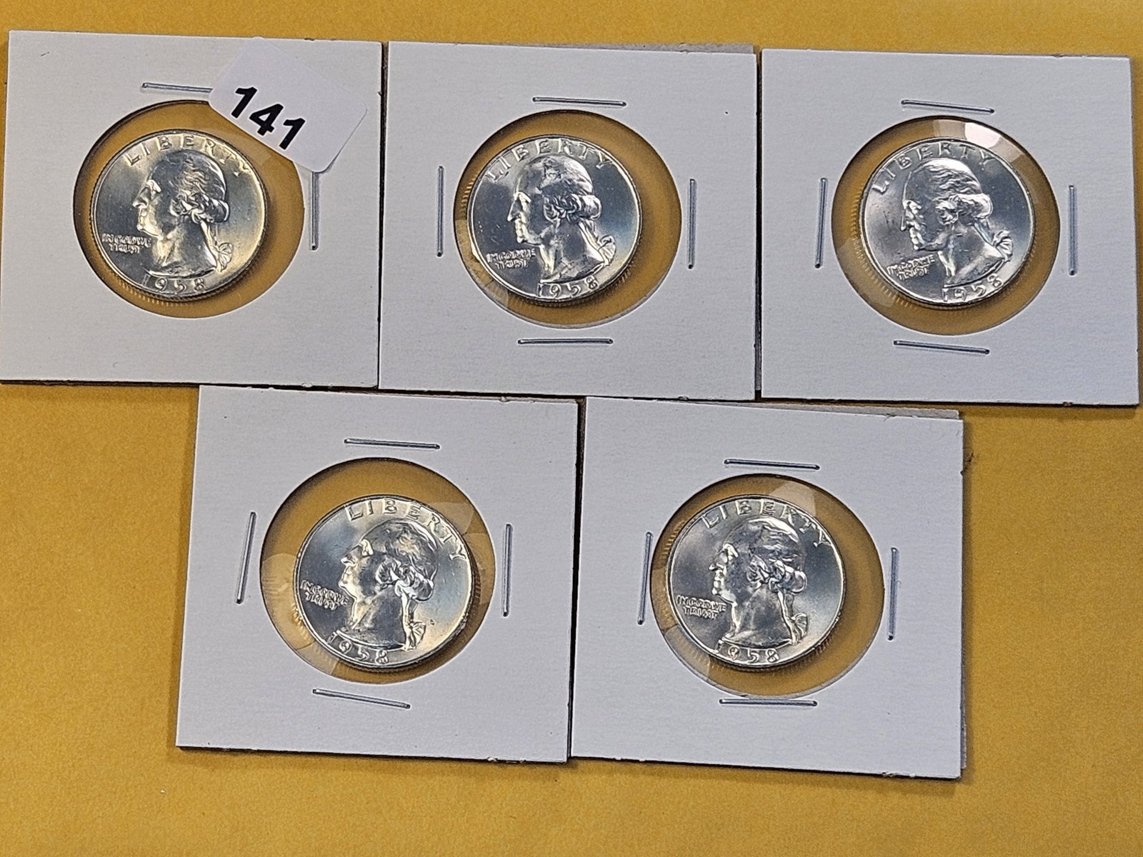 Five Brilliant Uncirculated 1958-D Washington Silver Quarters: Very Choice to GEM Brilliant Uncirculated!