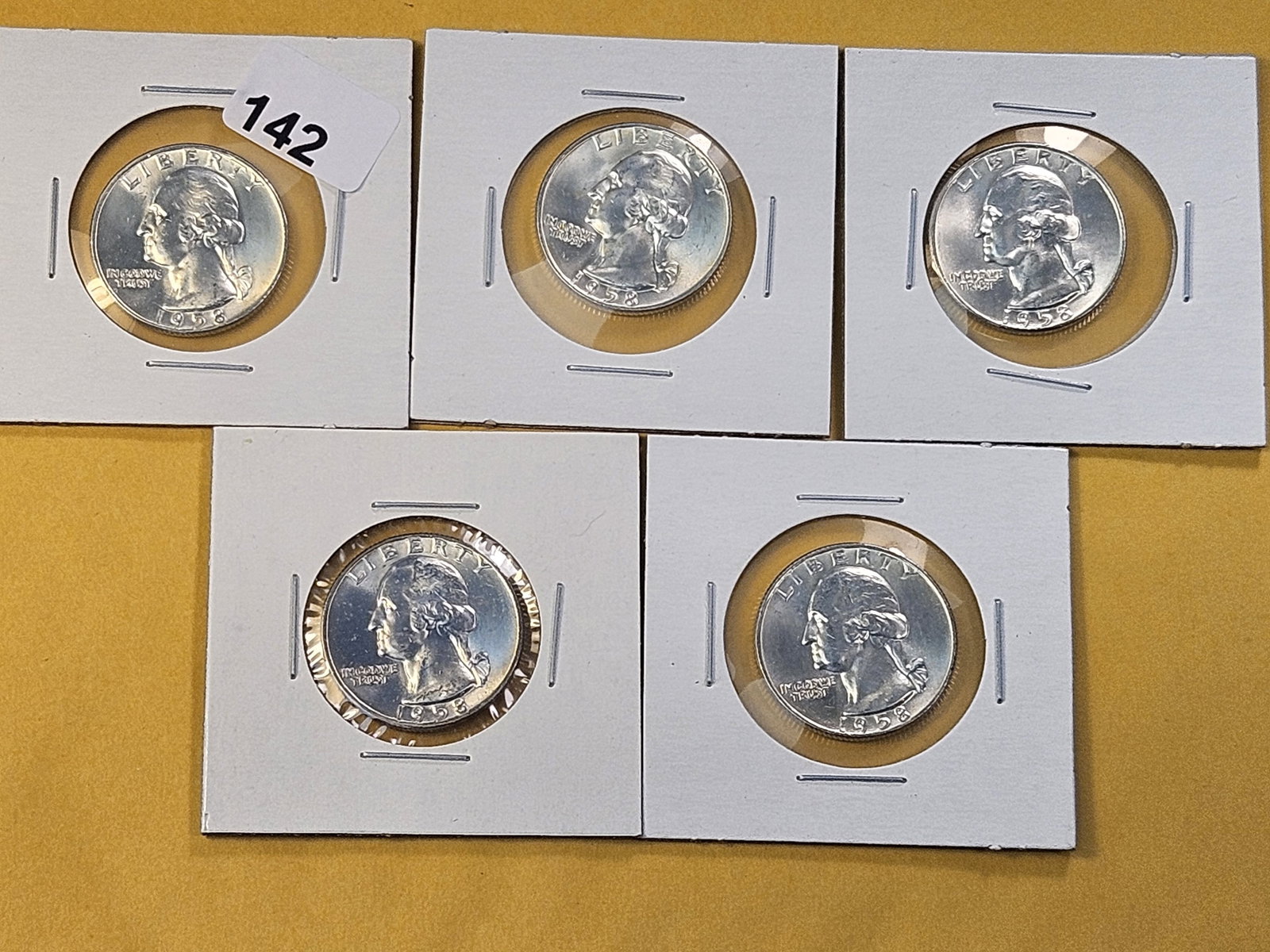 Five Brilliant Uncirculated 1958-D Washington Silver Quarters: Very Choice to GEM Brilliant Uncirculated!