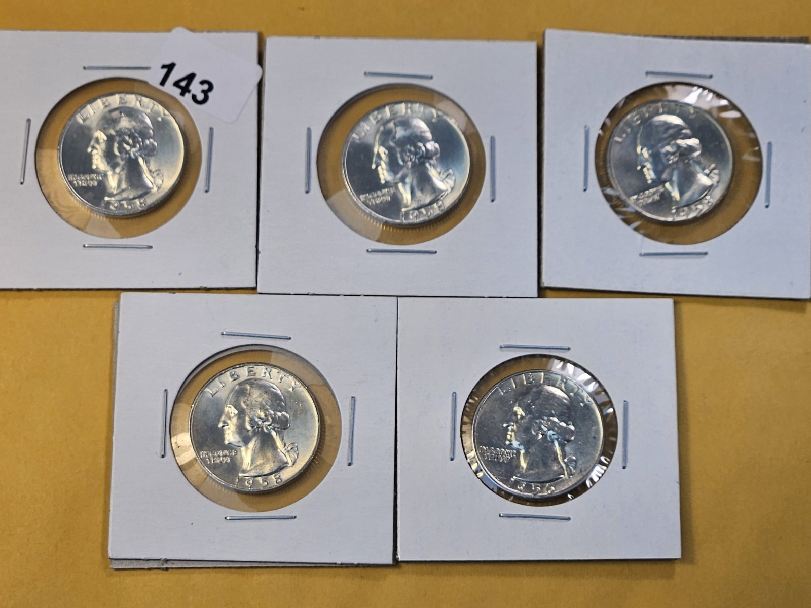 Five Brilliant Uncirculated Washington Silver Quarters: Four 1958-D and a 1956. Very Choice to GEM Brilliant Uncirculated!