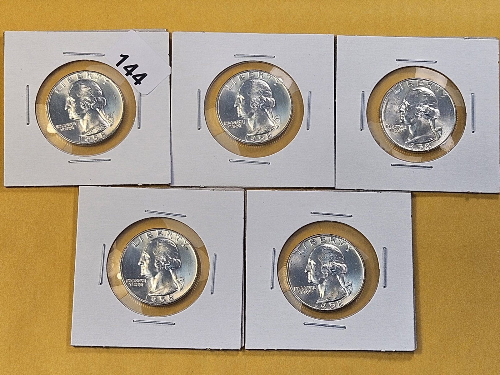 Five Brilliant Uncirculated 1958-D Washington Silver Quarters: Very Choice to GEM Brilliant Uncirculated!