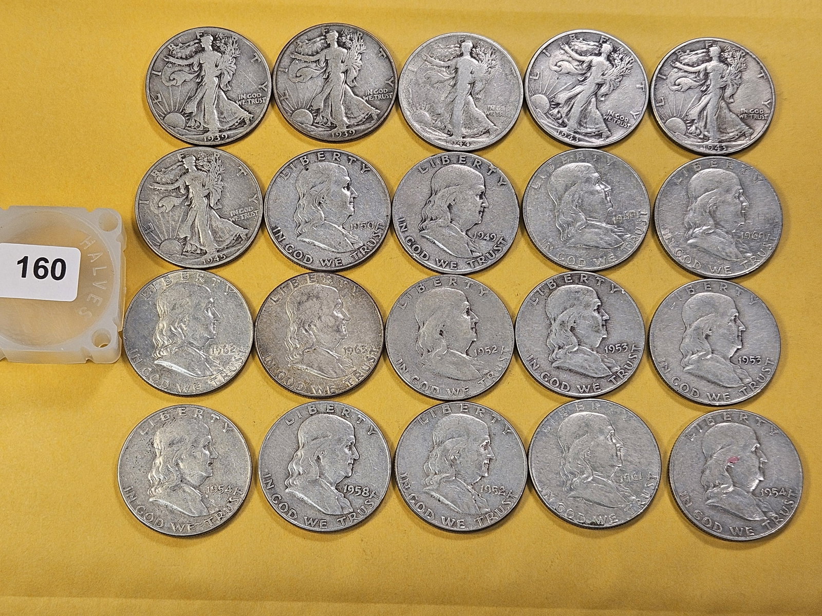 Full Roll! Twenty US Silver Half Dollars: Six Walking Liberty and fourteen Franklin Silver Half Dollars