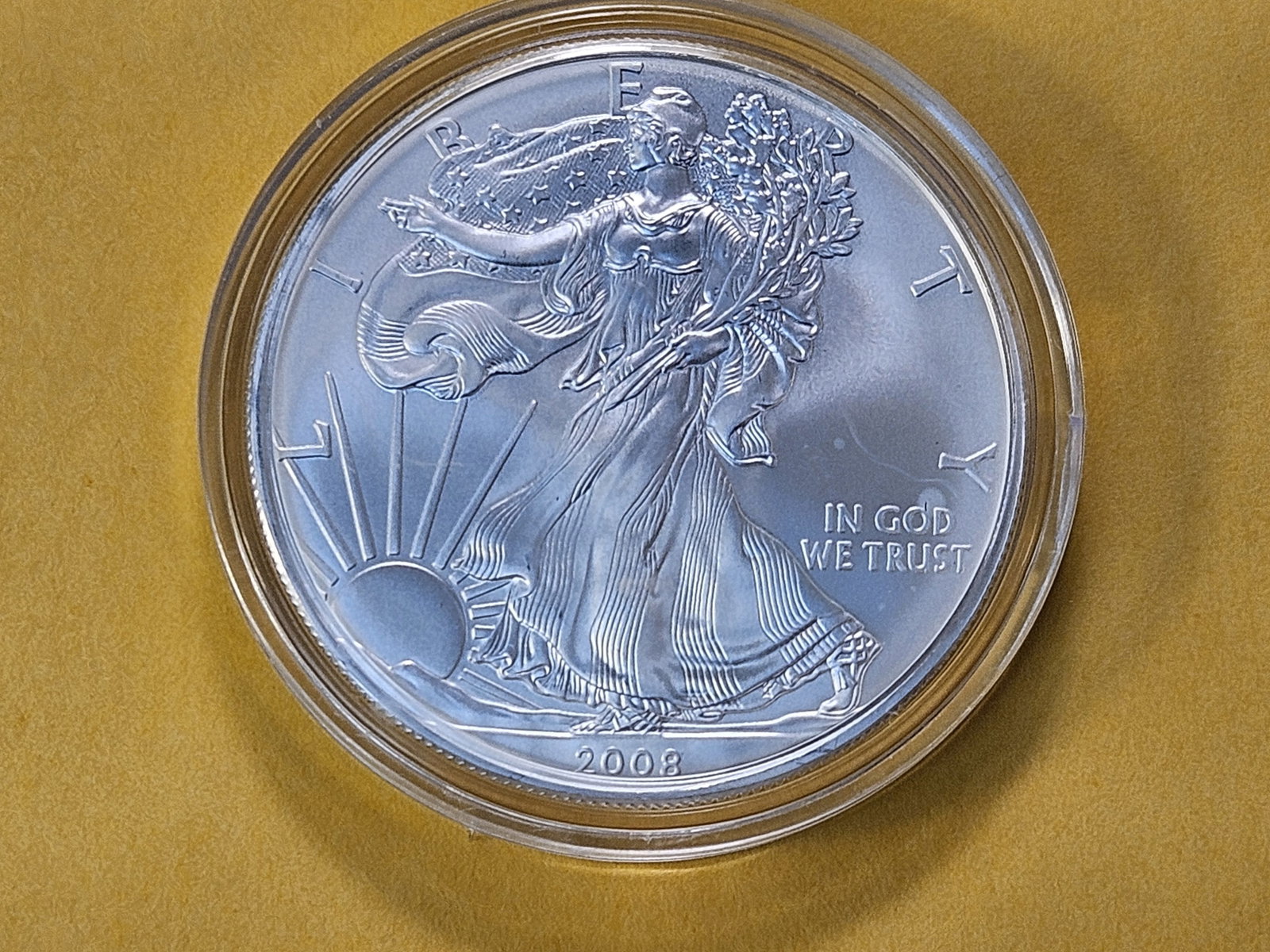 GEM Brilliant Uncirculated 2008 American Silver Eagle: Super Gemmy! In plastic capsule