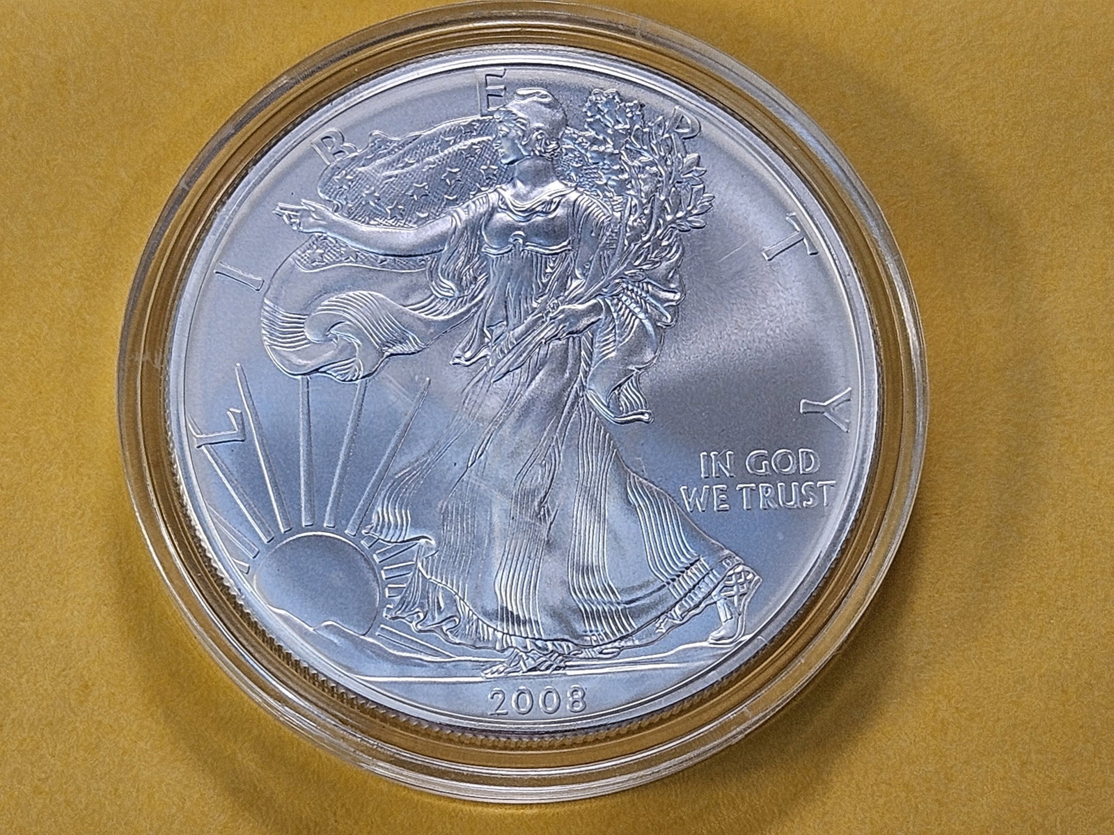 GEM Brilliant Uncirculated 2008 American Silver Eagle: Super Gemmy! In plastic capsule