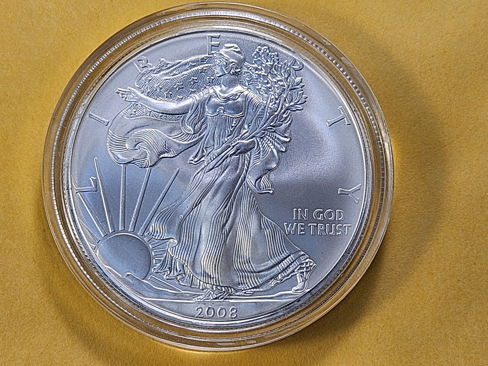 GEM Brilliant Uncirculated 2008 American Silver Eagle: Blazing Luster! In plastic capsule