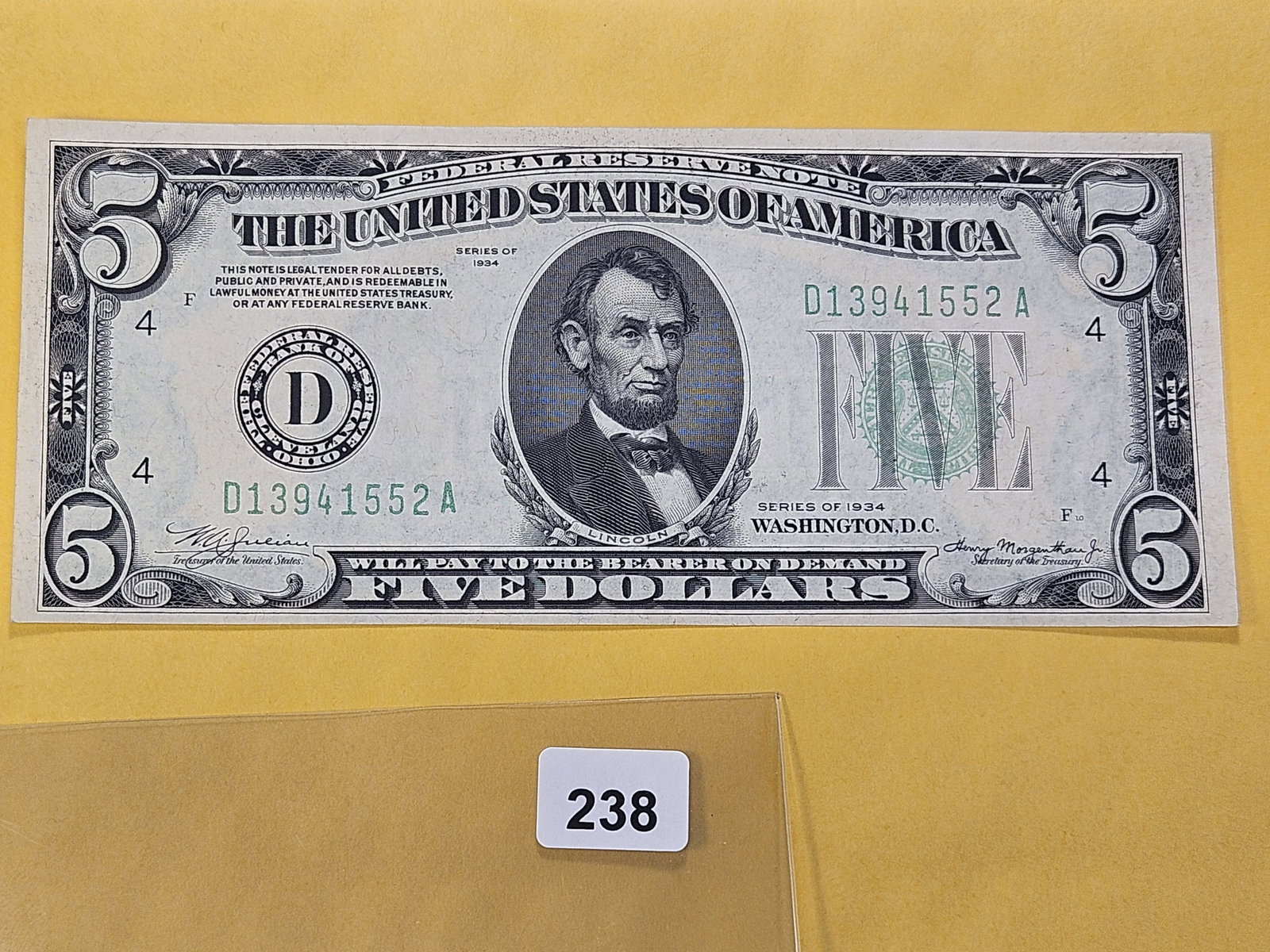 Better Grade Series 1934 Five Dollar Federal Reserve Note: Crisp Uncirculated, pinholes