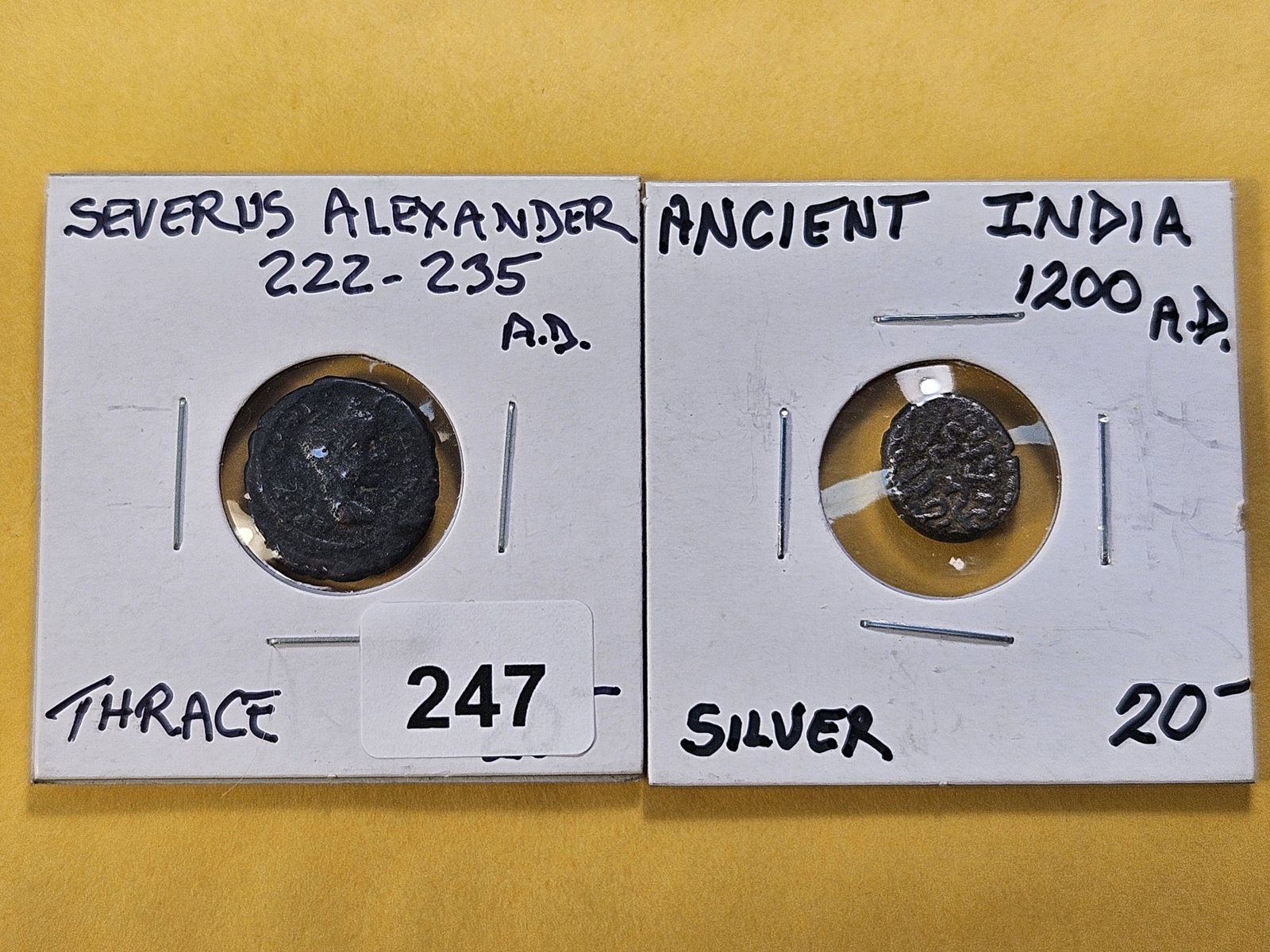 ANCIENTS! From Rome and India: Severus Alexander Roman Coin from 222-235 A.D. and India Silver Coin from 1200 A.D