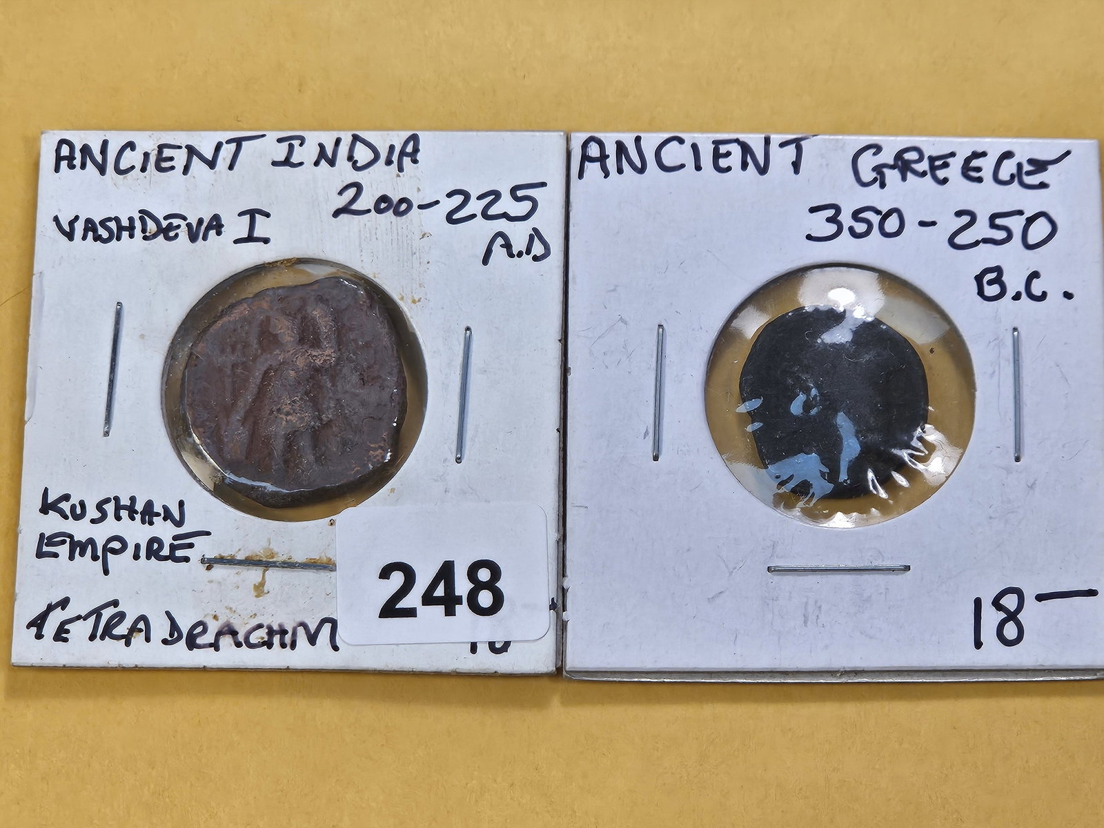 ANCIENTS! From Greece and India: India Coin from 200-225 A.D. and Greek Coin from 350-250 B.C.