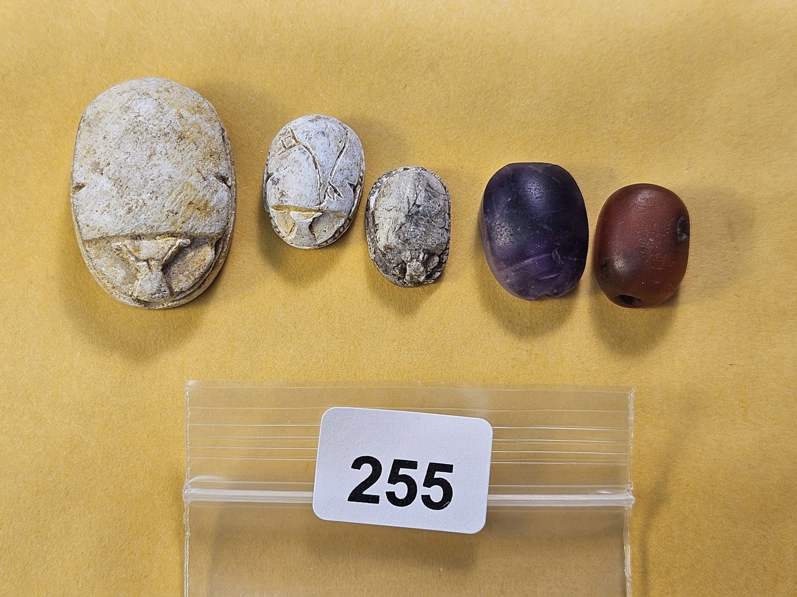 Five Egyptian Scarab Coins: Shaped like Dung Beetles and carved with Hieroglyphs