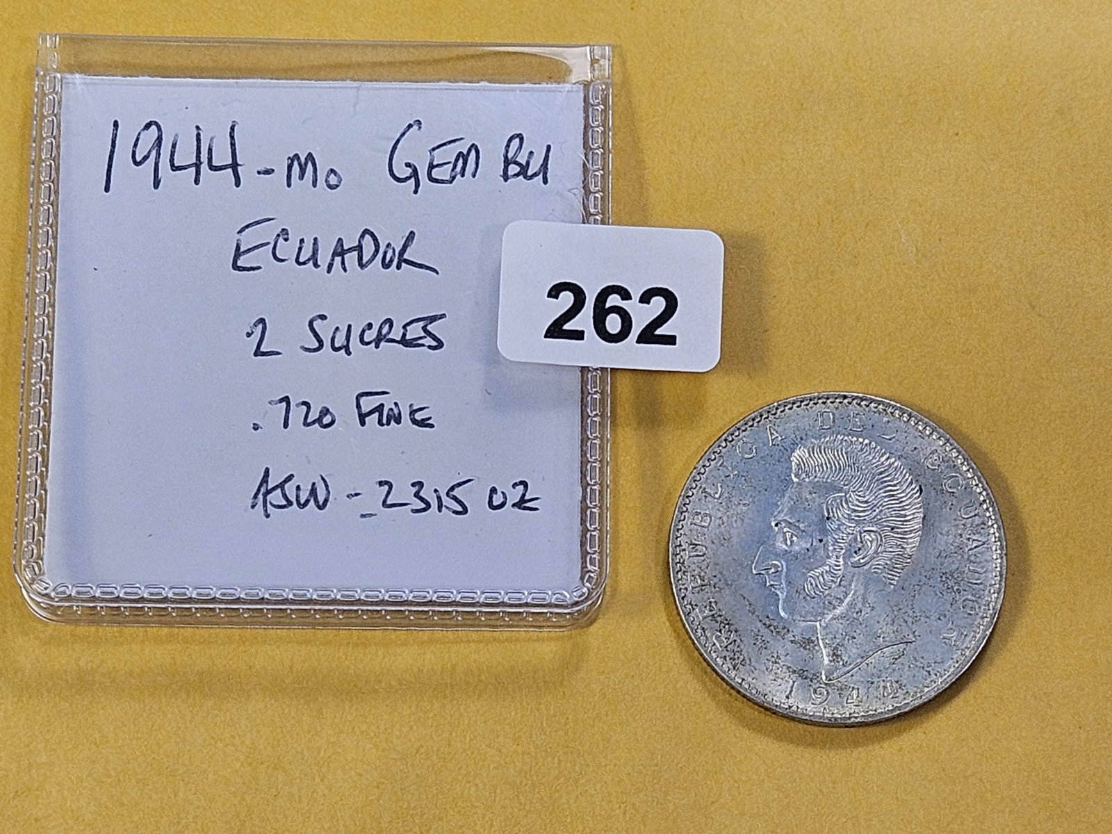 GEM Brilliant Uncirculated 1944 Mo Silver 2 Sucres - 2