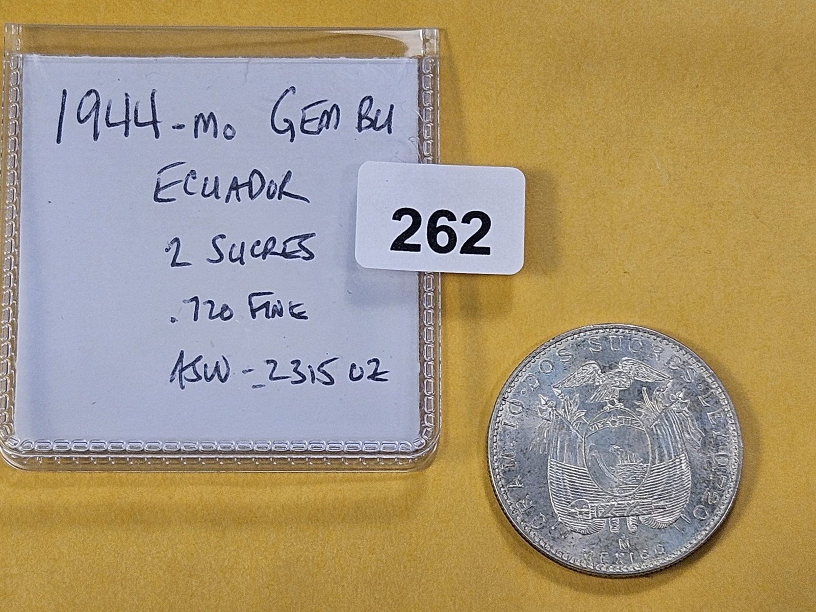 GEM Brilliant Uncirculated 1944 Mo Silver 2 Sucres - 3