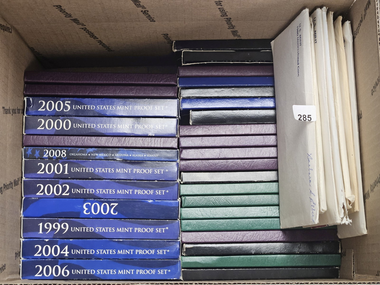 Thirty-nine Mixed US Mint Proof and Uncirculated Coin Sets: Mixed dates 1970's through 2000's. Ships separately in Flat Rate Medium Box