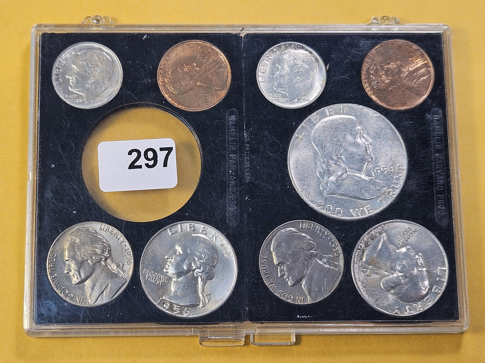 United States Uncirculated Silver Coins: 1956 Franklin Half Dollar, 1956 and 1956-D Quarters and Dimes. With two Wheat Cents and to Jefferson Nickels