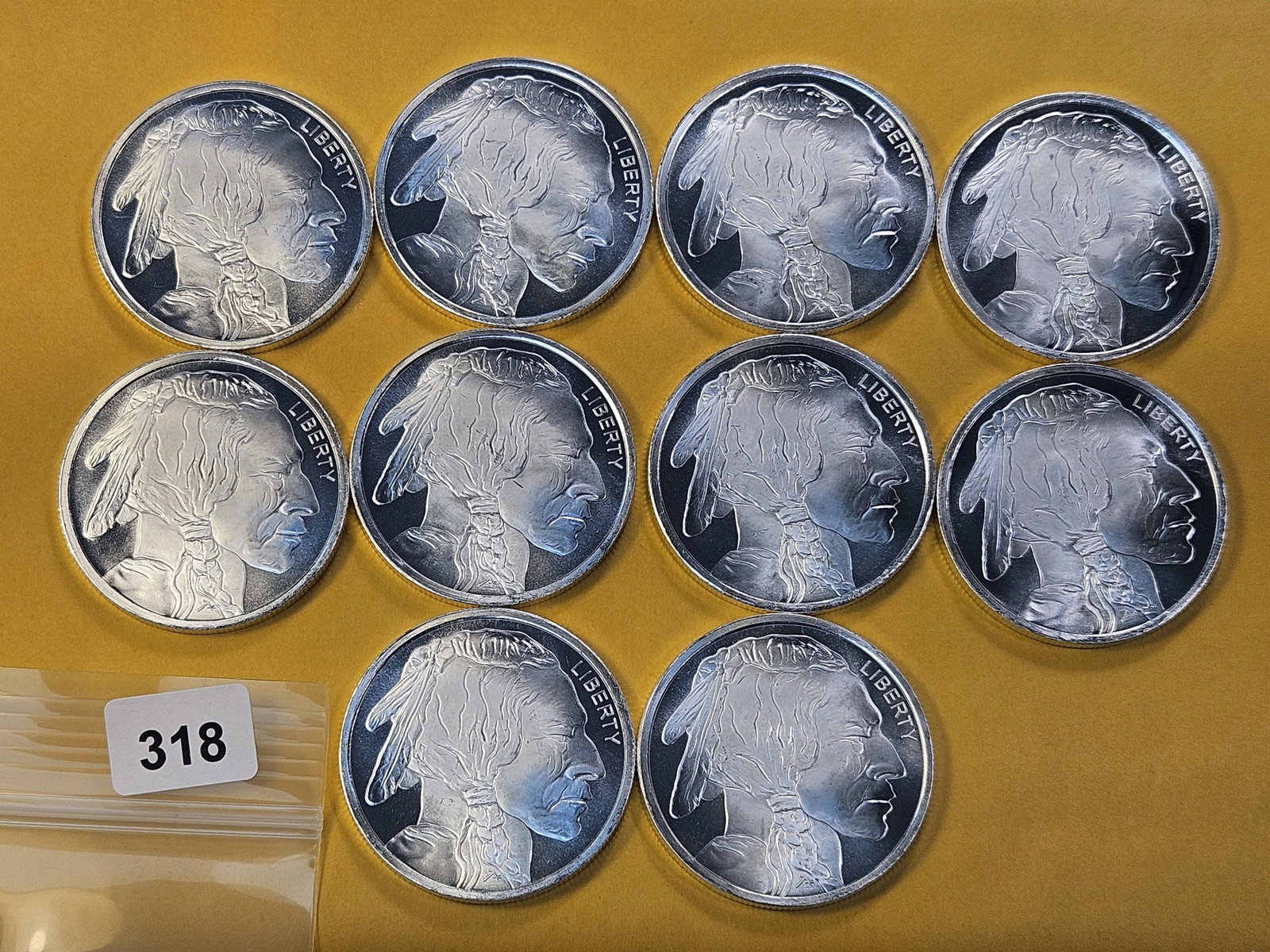 Ten 1-Troy Ounce .999 Fine Silver Bars: Buffalo Designs