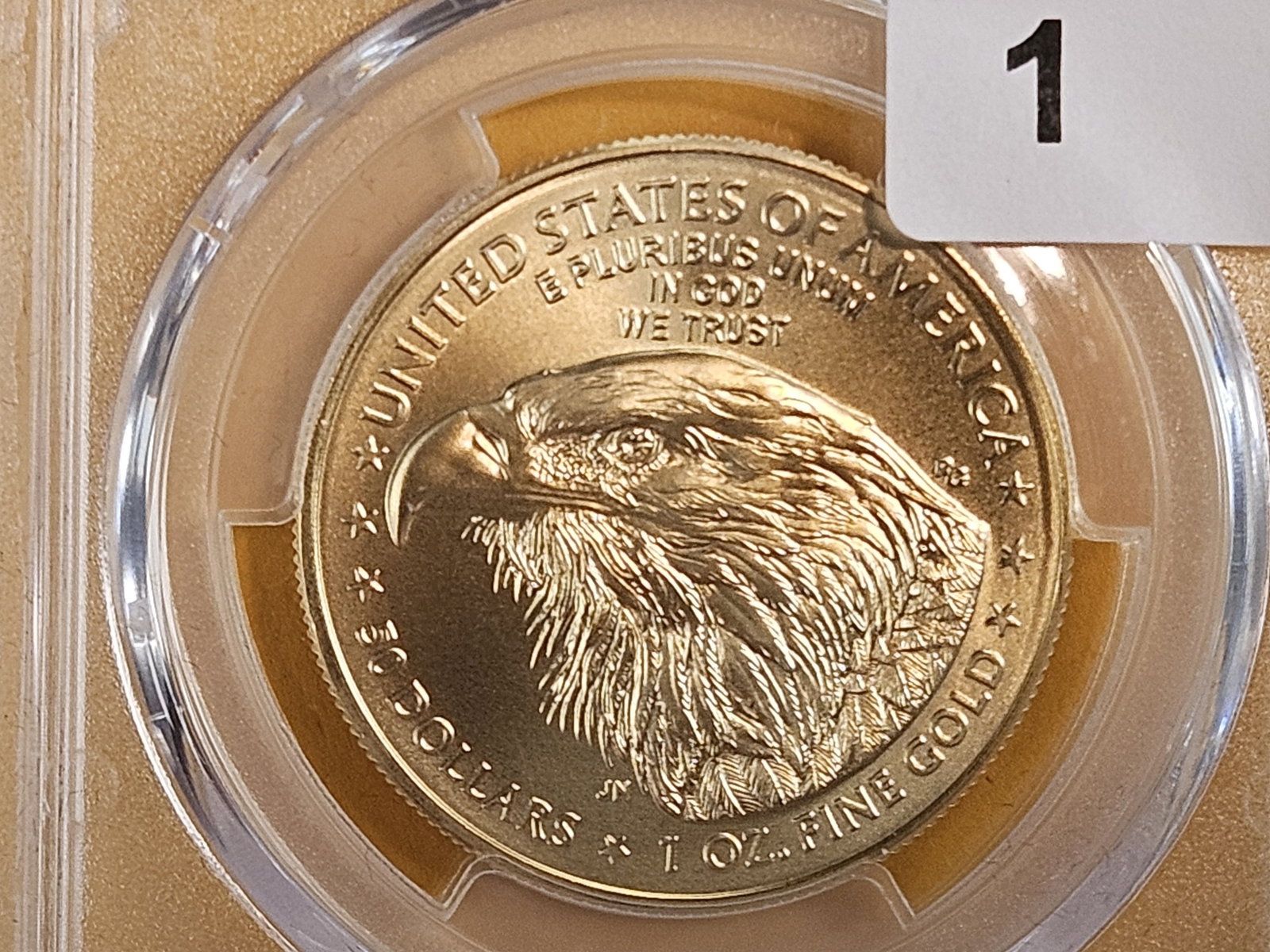 GOLD! PERFECT! PCGS 2023 American $50 Gold Eagle in Mint State 70: Perfect Grade! First Day of Issue. David Hall, PCGS Founder signature label