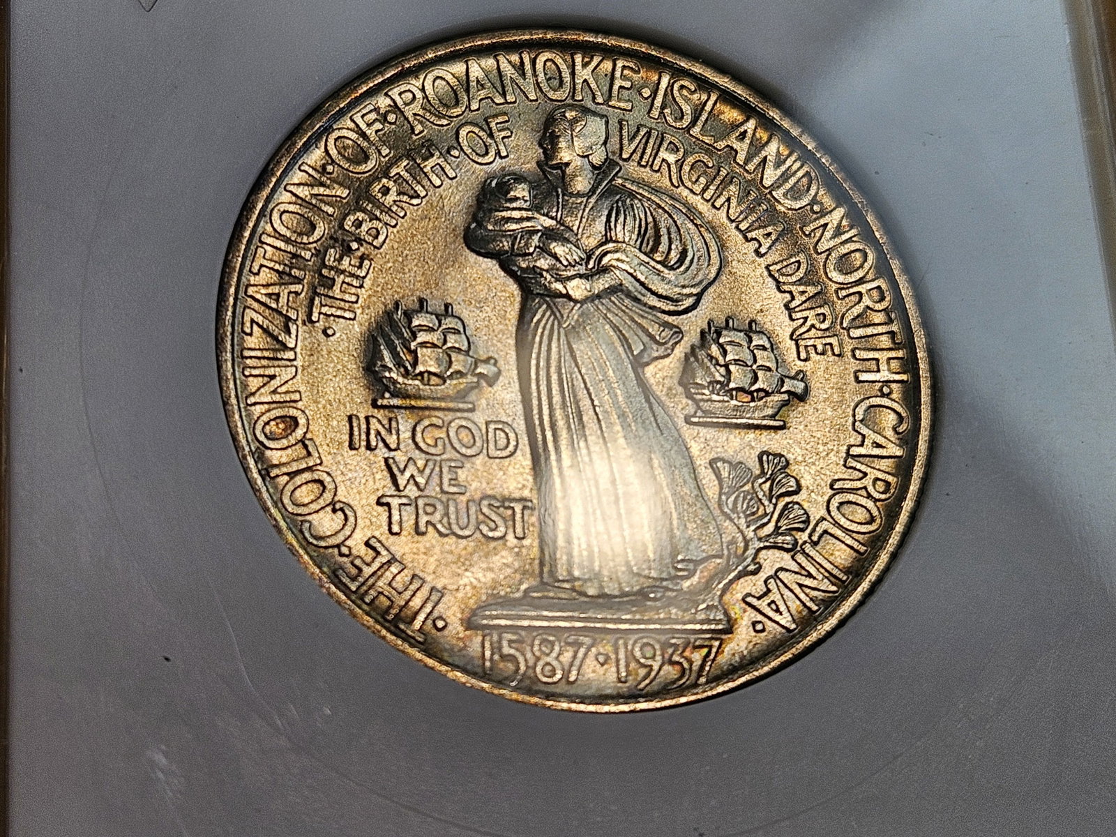 GEM! ANACS 1937 Roanoke Commemorative Silver Half Dollar in Mint State 65 - 8