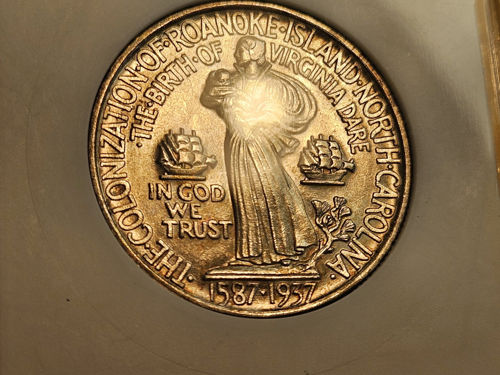 GEM! ANACS 1937 Roanoke Commemorative Silver Half Dollar in Mint State 65 - 9
