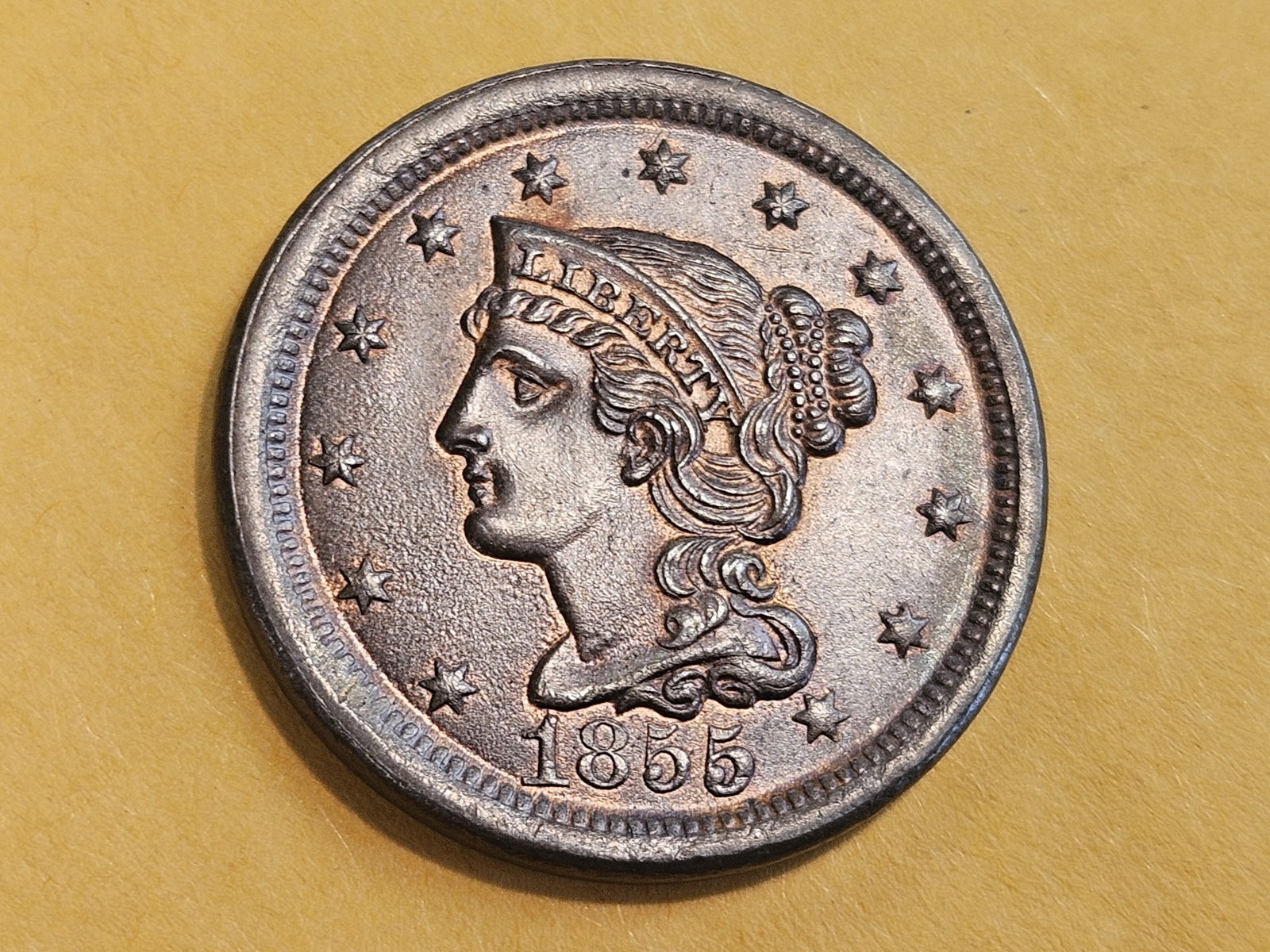 * Choice Brown Uncirculated 1855 Braided Hair Large Cent: Gorgeous original luster with some red highlights!!