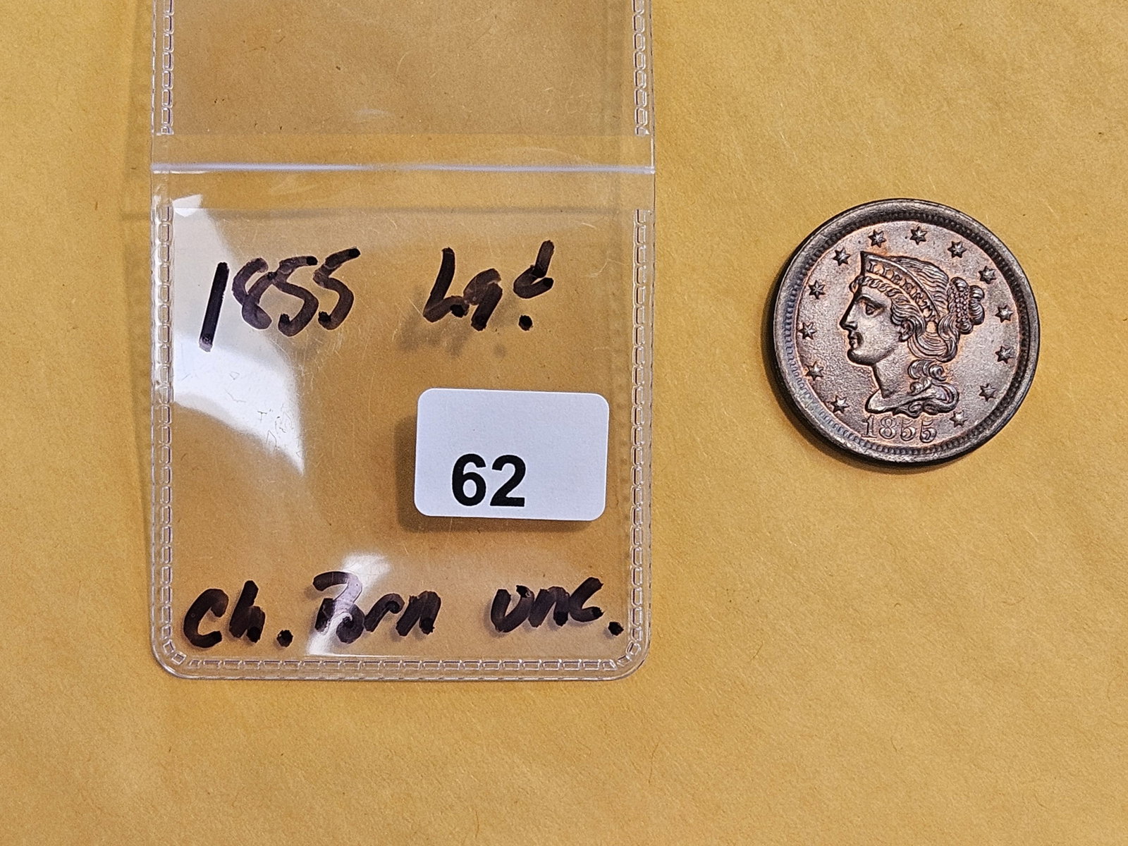 * Choice Brown Uncirculated 1855 Braided Hair Large Cent - 2