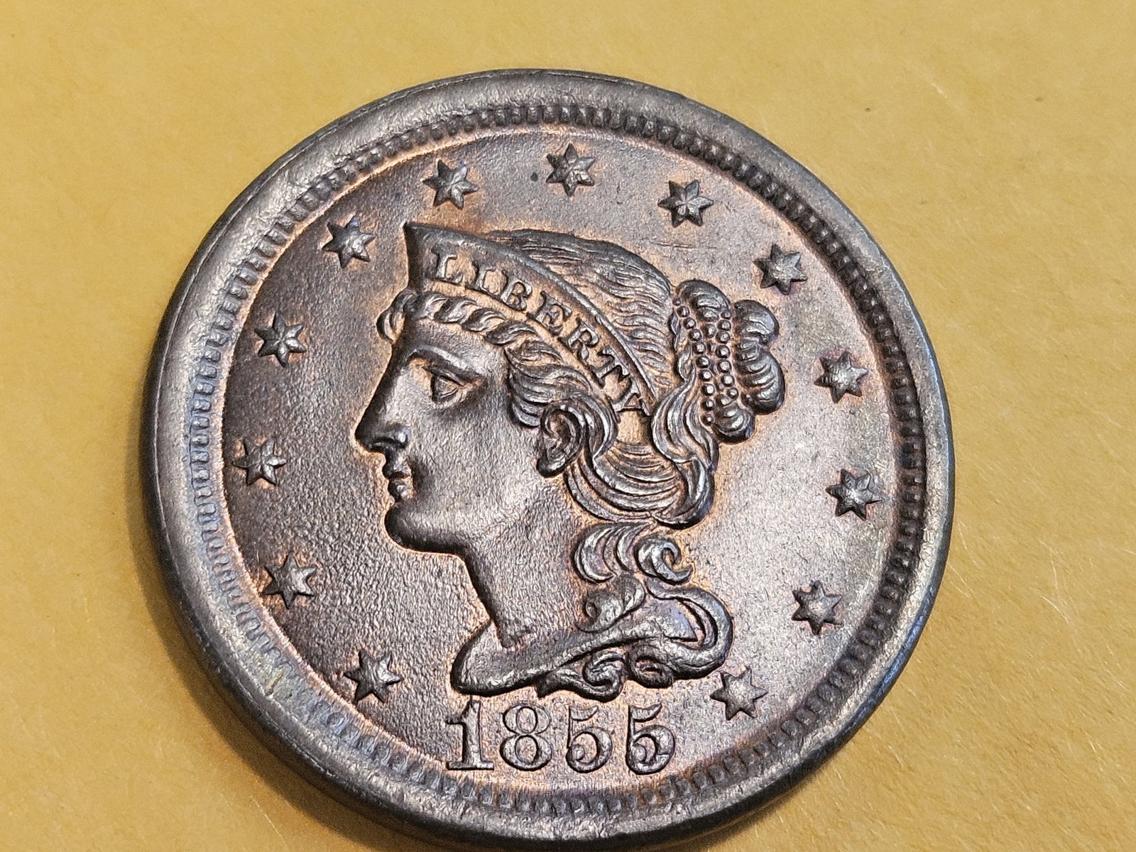 * Choice Brown Uncirculated 1855 Braided Hair Large Cent - 4