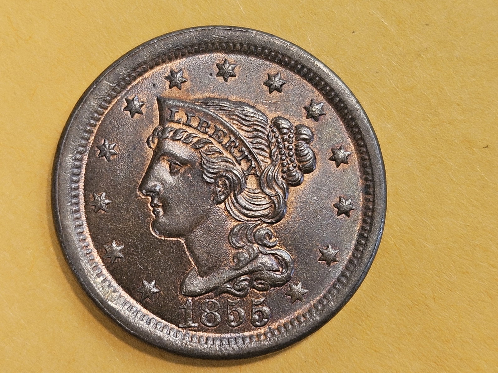 * Choice Brown Uncirculated 1855 Braided Hair Large Cent - 7