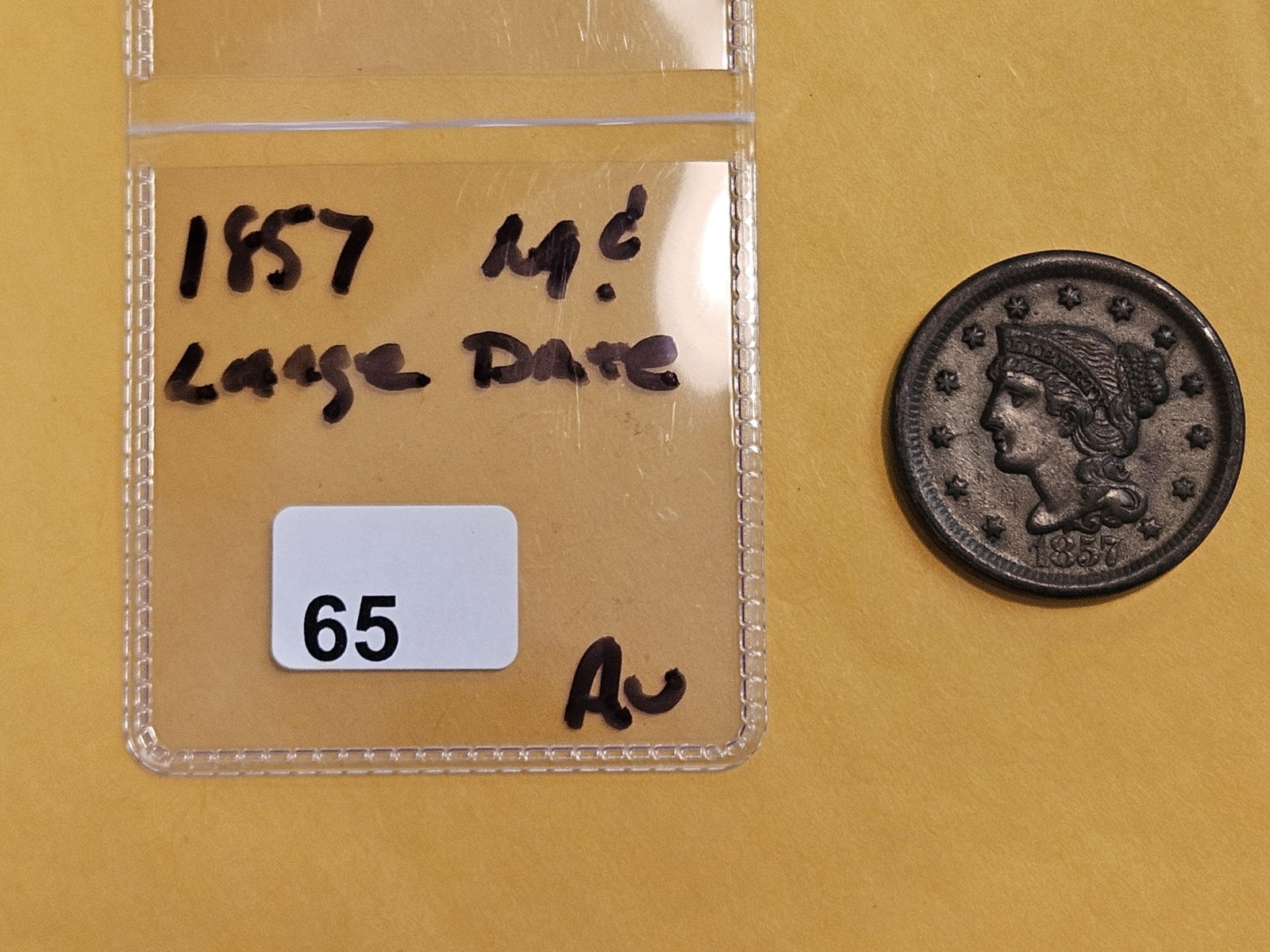 1857 Braided Hair Large Cent in About Uncirculated - 2